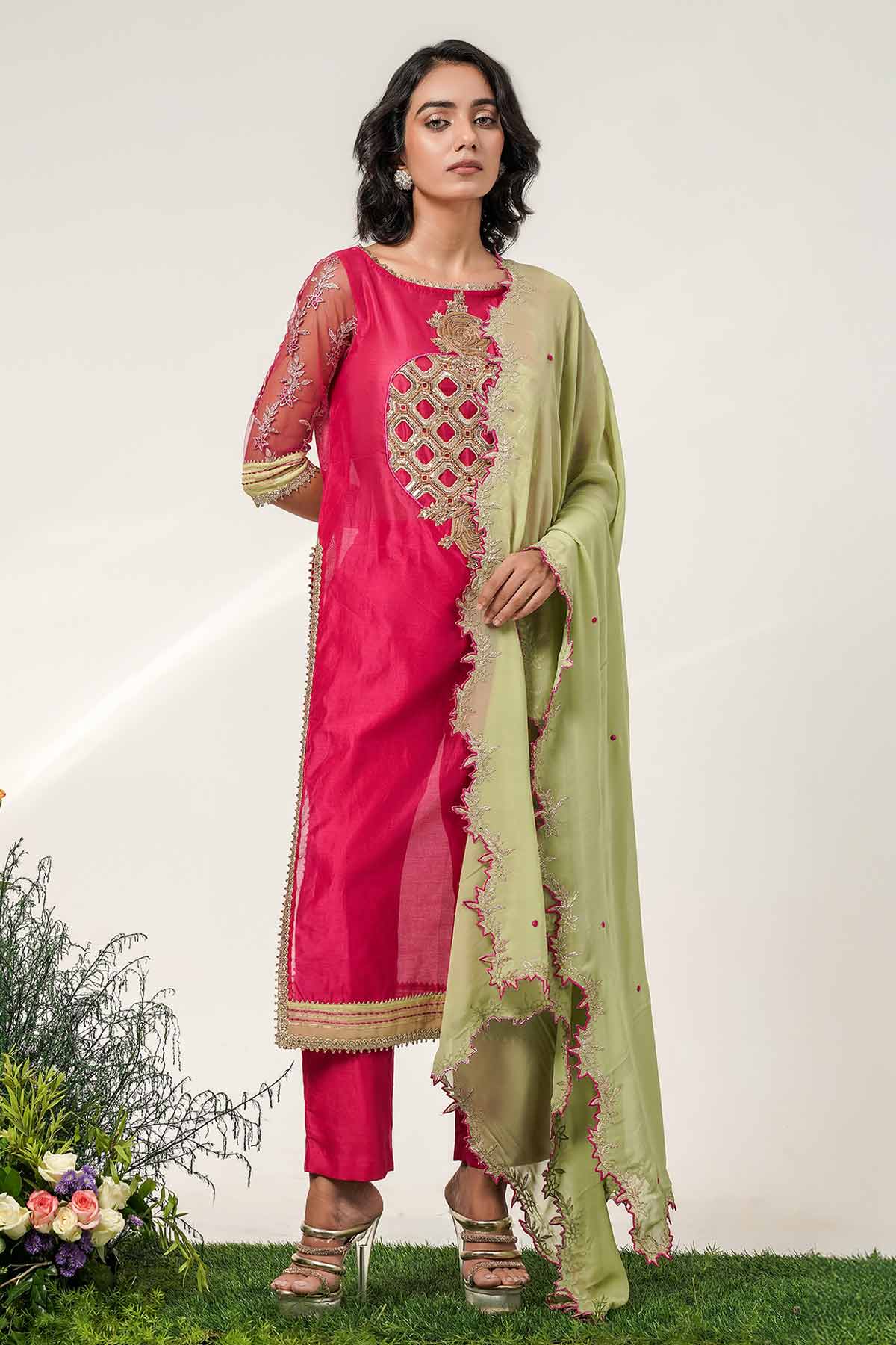 Buy Embroidered Fuchsia Kurta Set for women by Shwetanga online available at scrollnshops