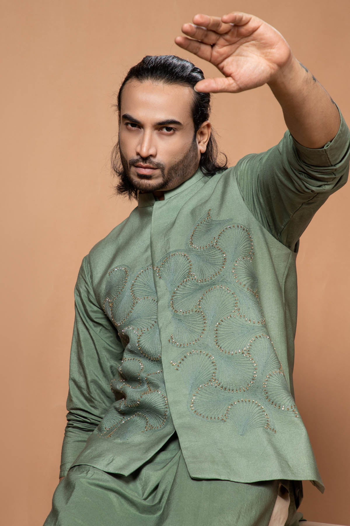 Embroidered Green Bundi Set