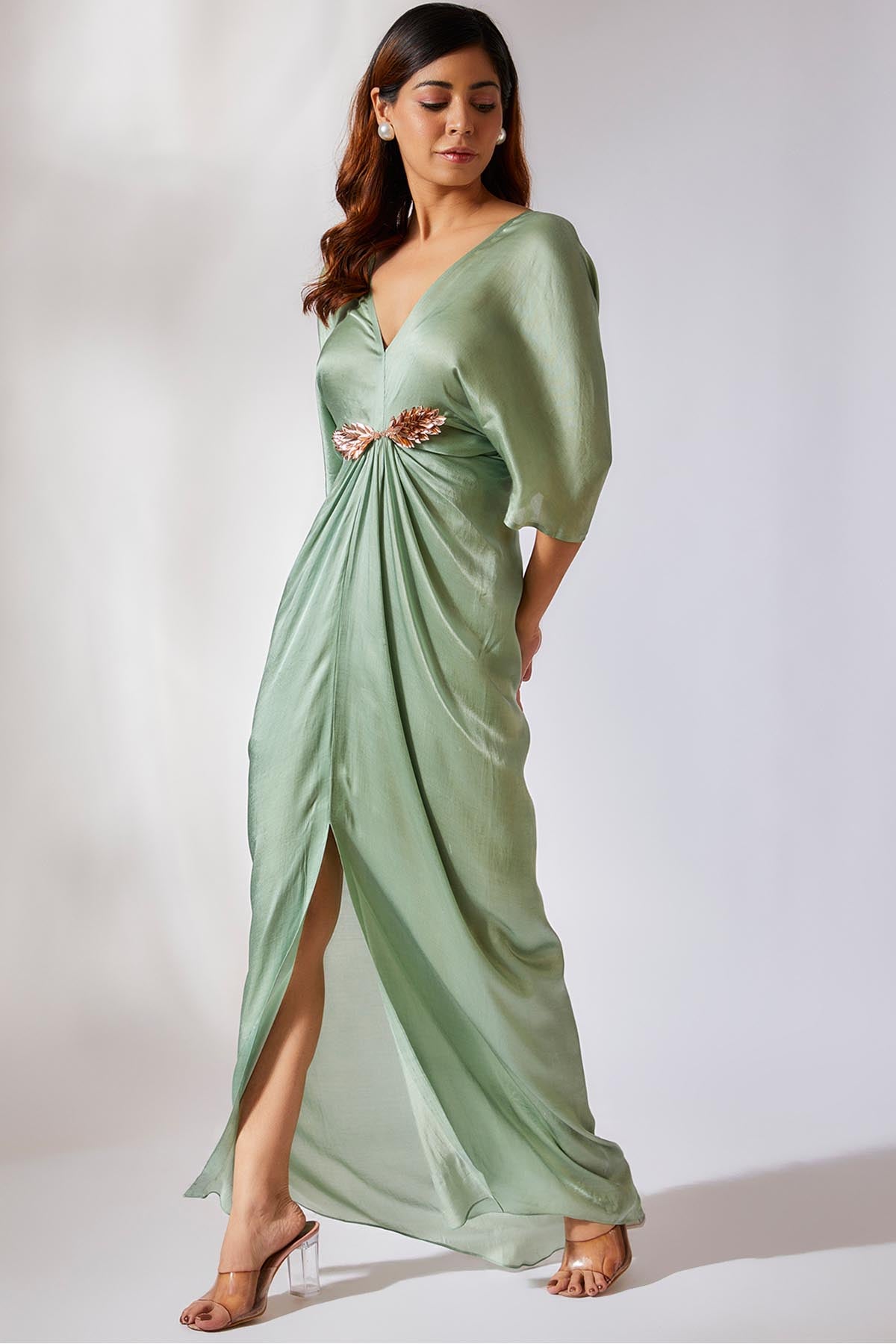 Embroidered Green Drape Dress
