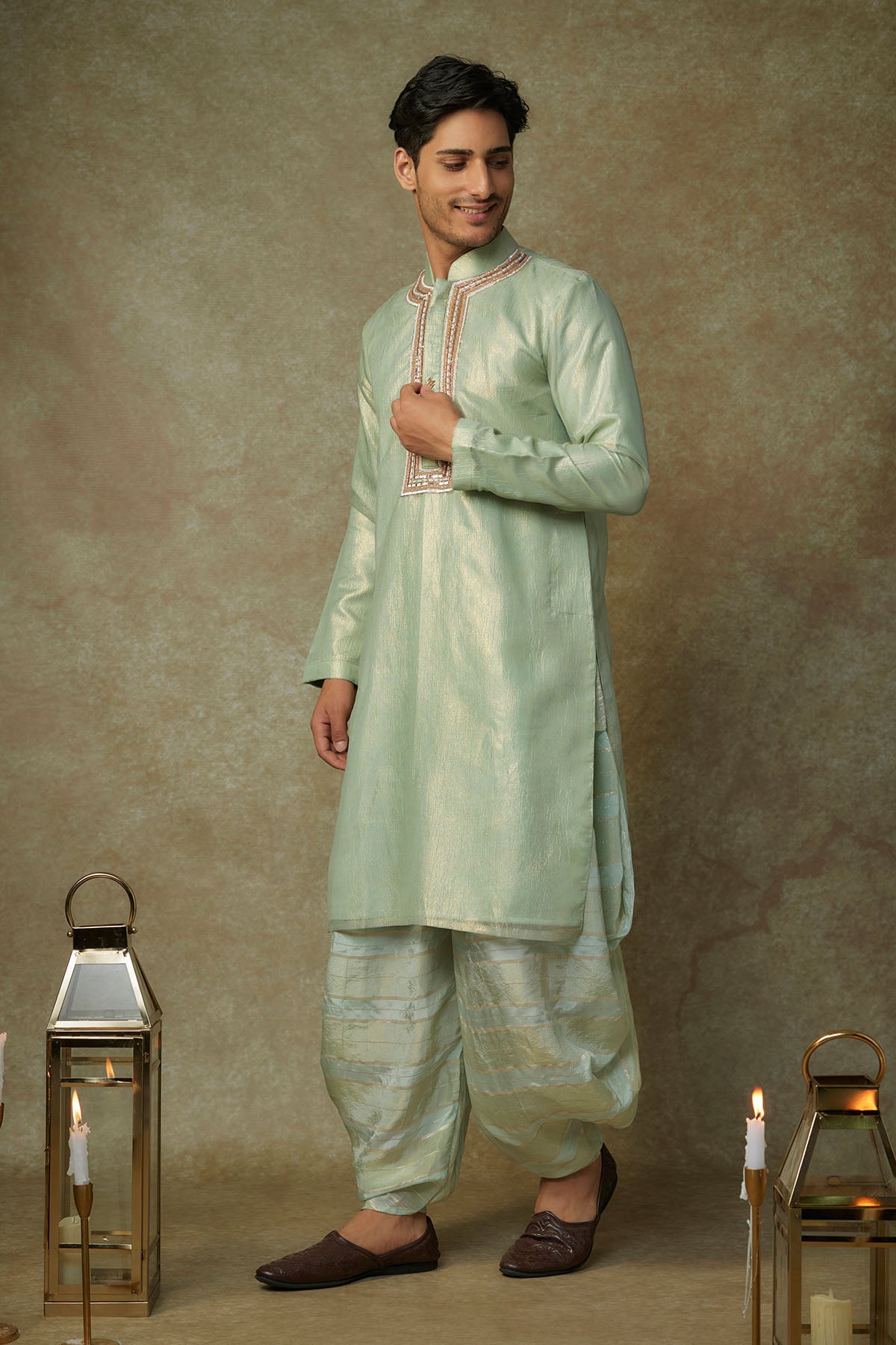 Embroidered Green Kurta & Dhoti