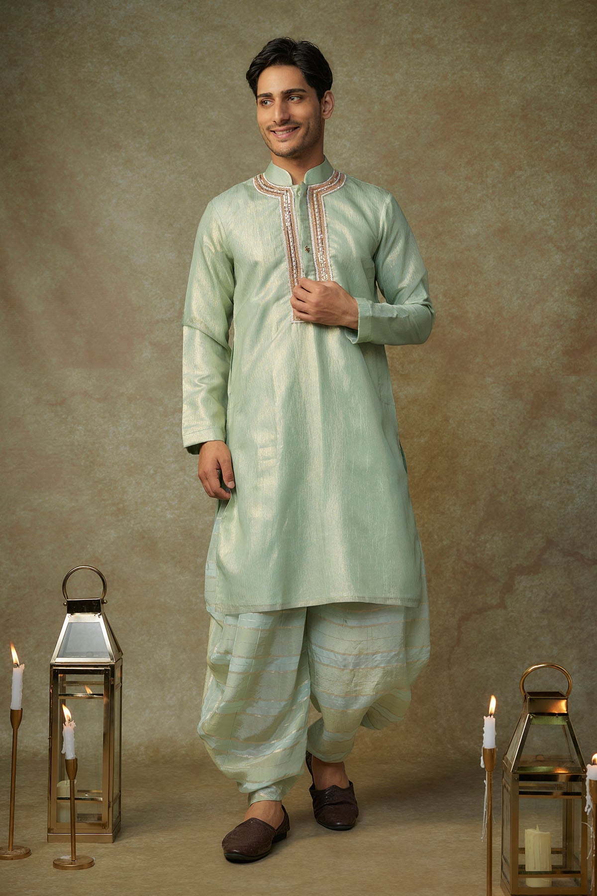 Buy Embroidered Green Kurta & Dhoti by Masumi Mewawalla for men online at ScrollnShops