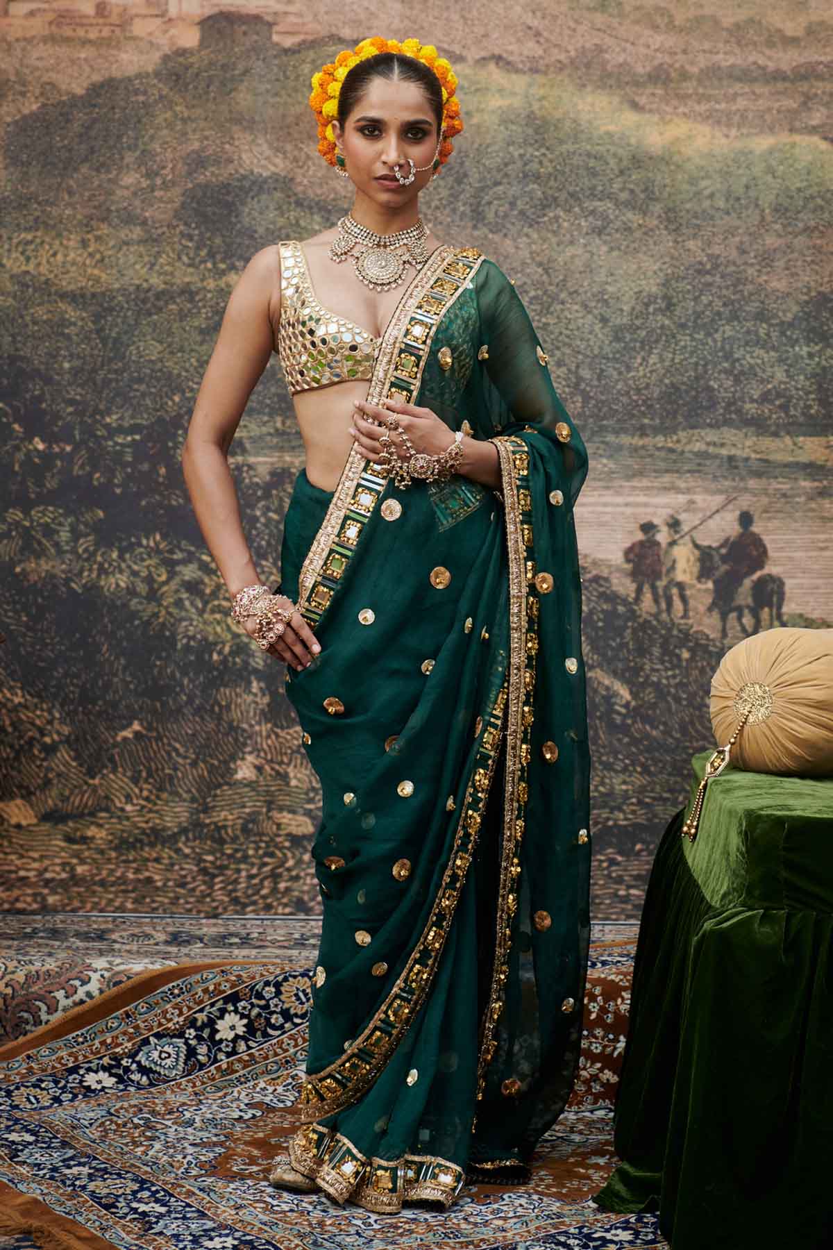 ITRH Embroidered Green Saree & Blouse for women online at ScrollnShops