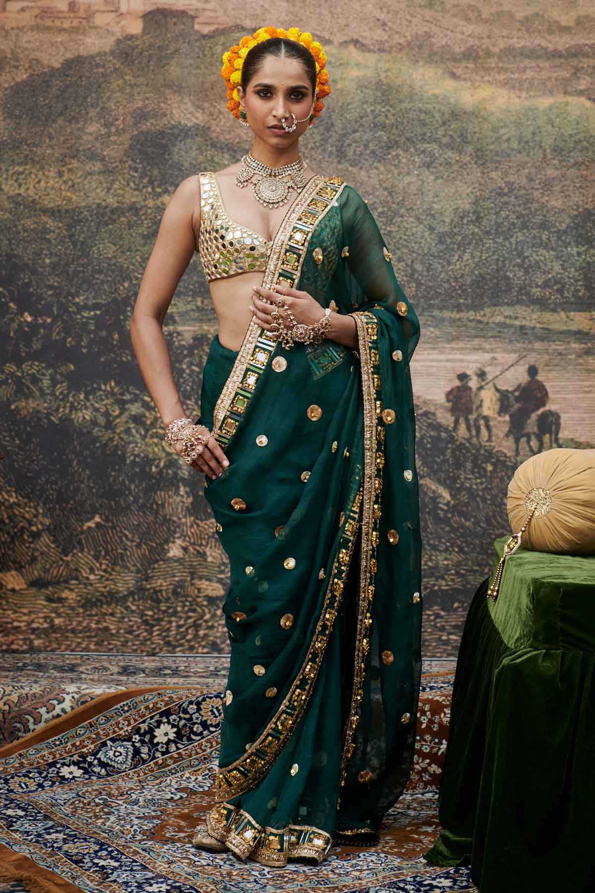 Buy ITRH, Designer Embroidered Green Saree & Blouse Online