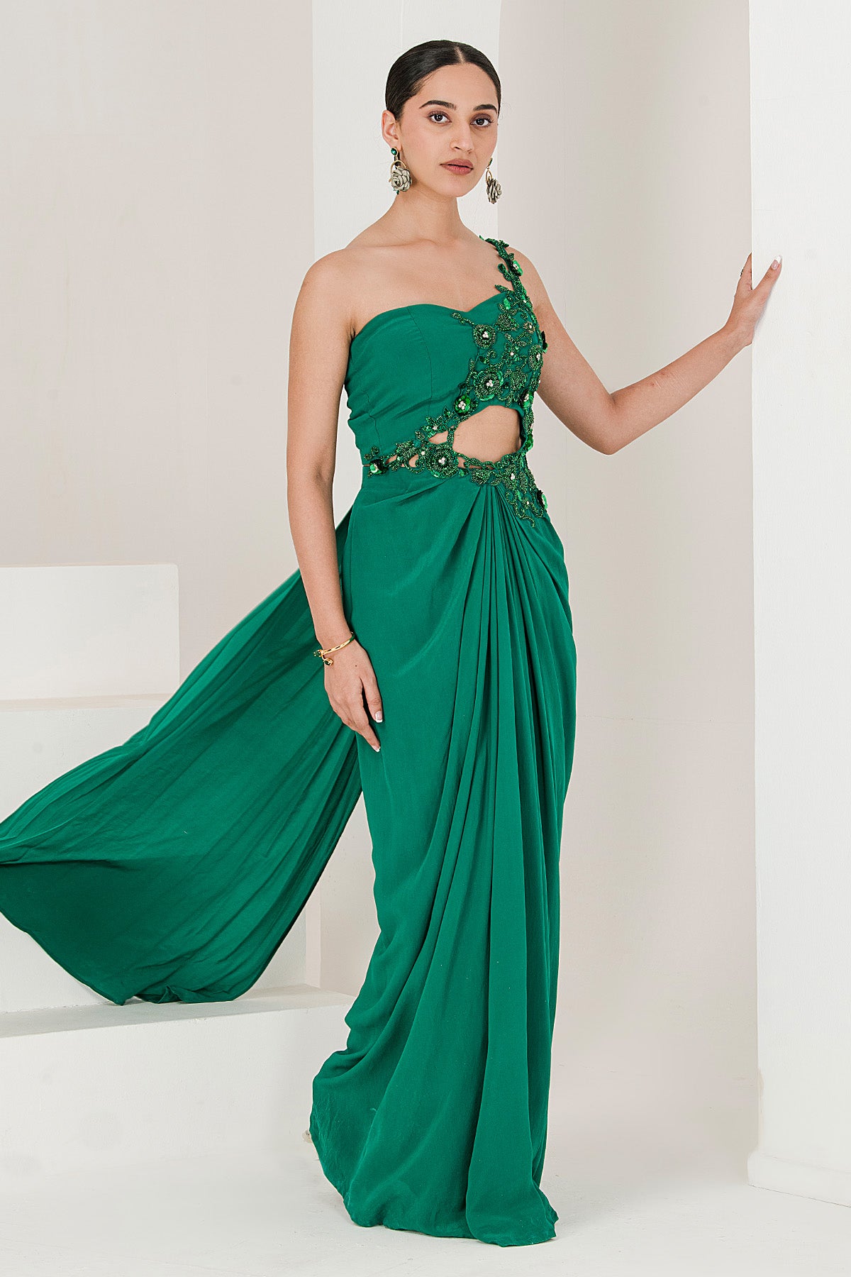Embroidered Green Saree Gown