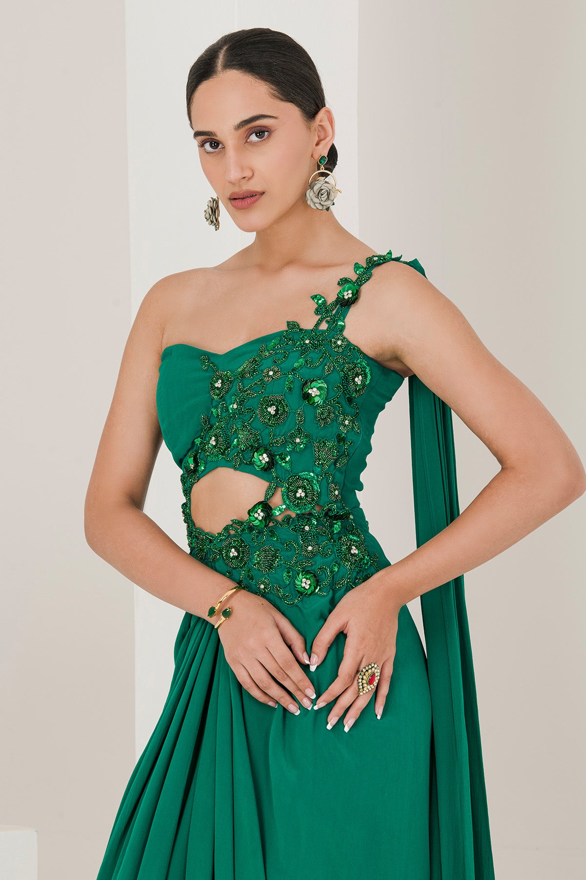 Embroidered Green Saree Gown