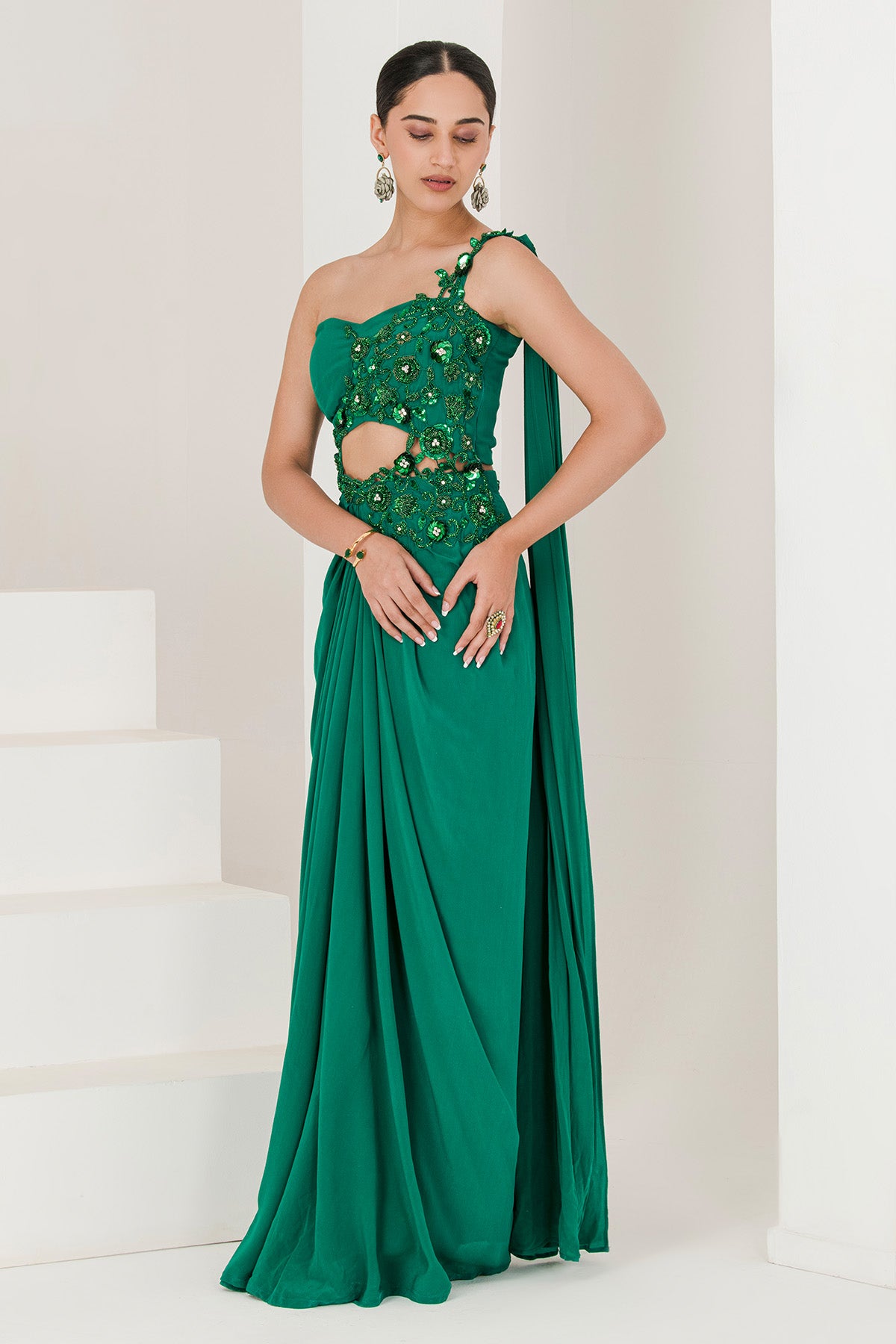Embroidered Green Saree Gown
