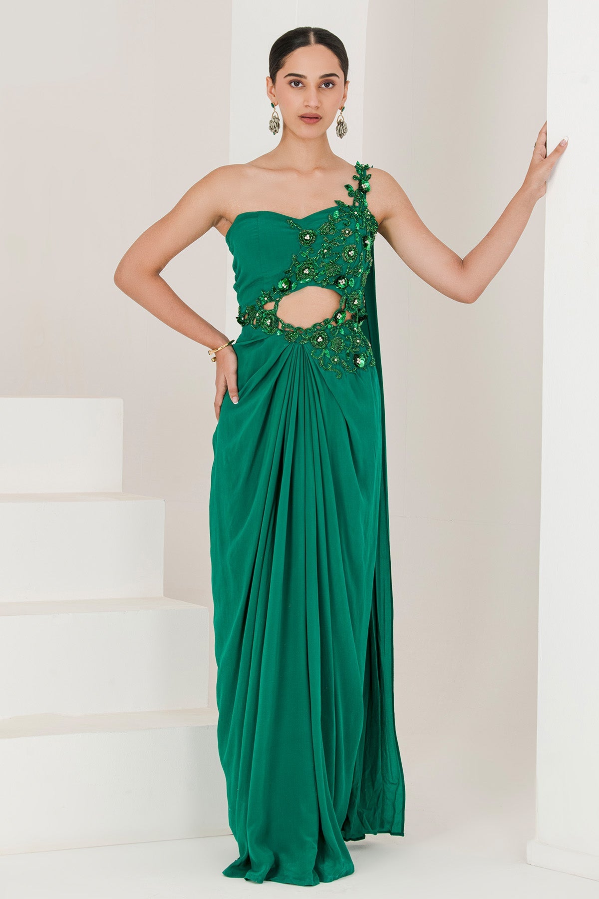 Buy Embroidered Green Saree Gown by The Maive for women online at ScrollnShops