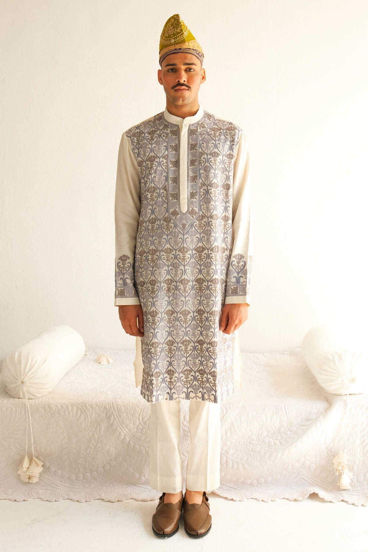 WABI SABI Embroidered Ivory Kurta & Pyjama for men online at ScrollnShops