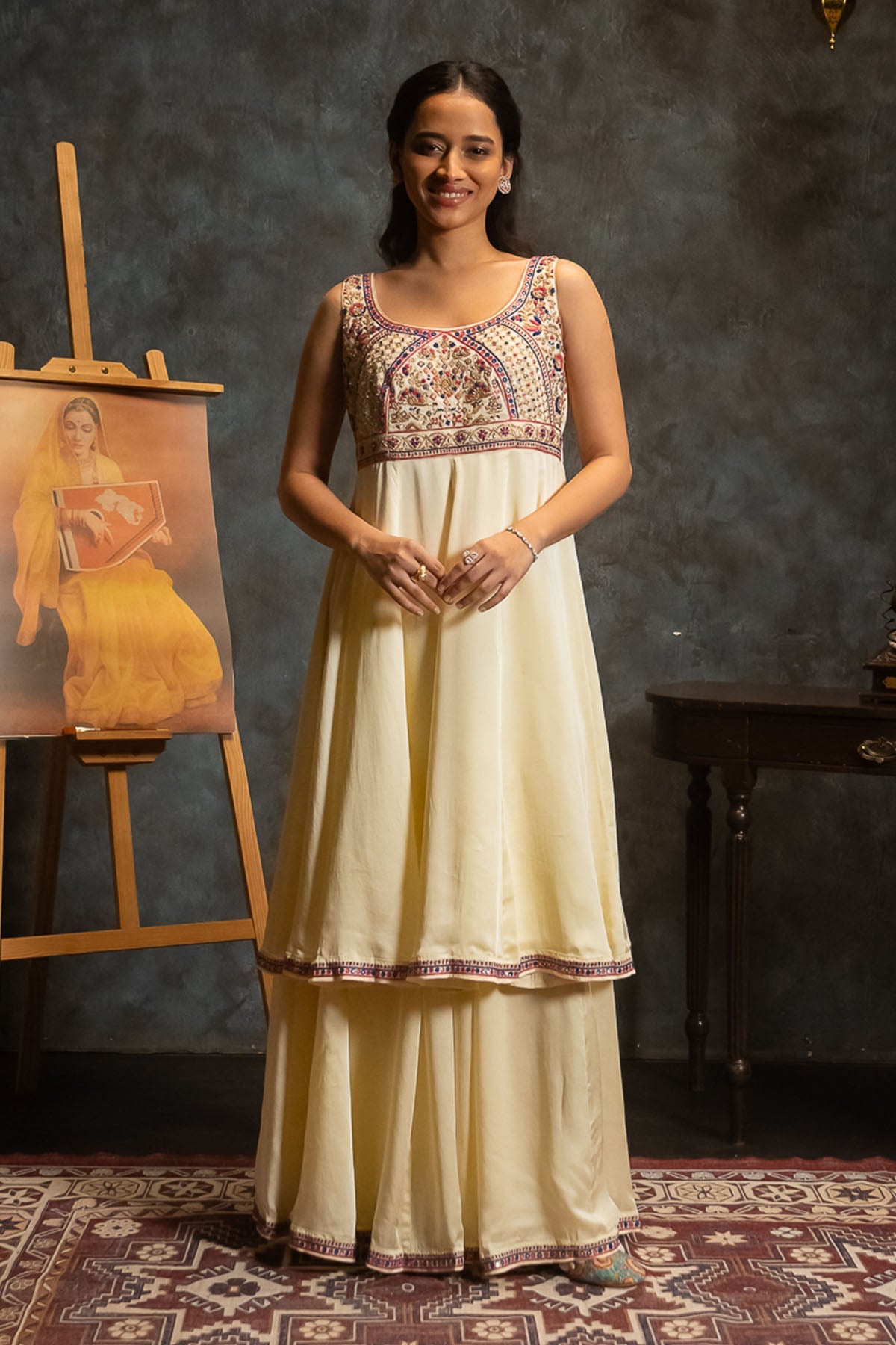 Buy Embroidered Ivory Long Kurta Set by Aavya for women online at ScrollnShops