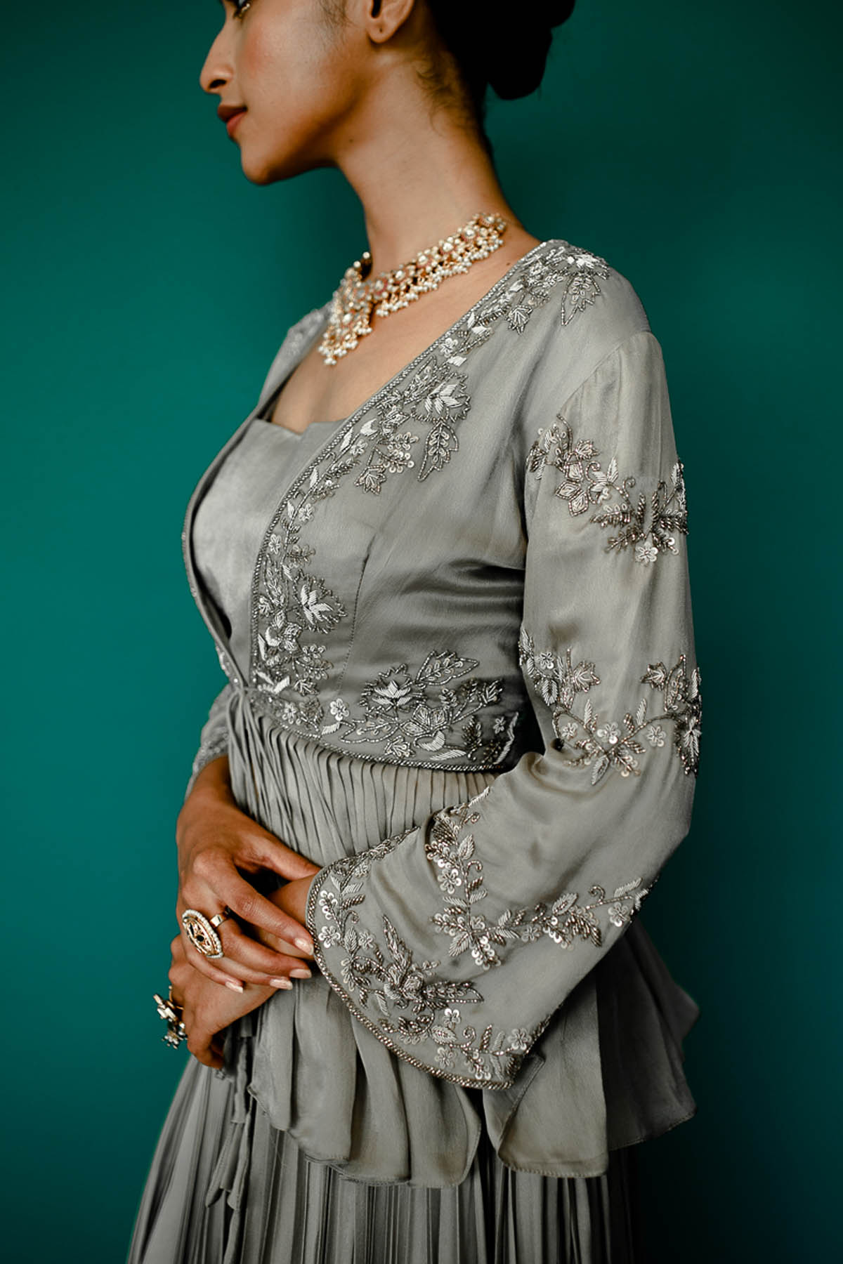 Grey Georgette Lehenga Jacket Set