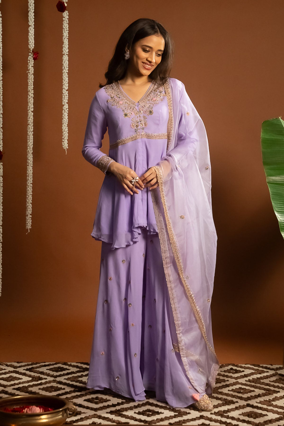 Embroidered Lilac Sharara Set