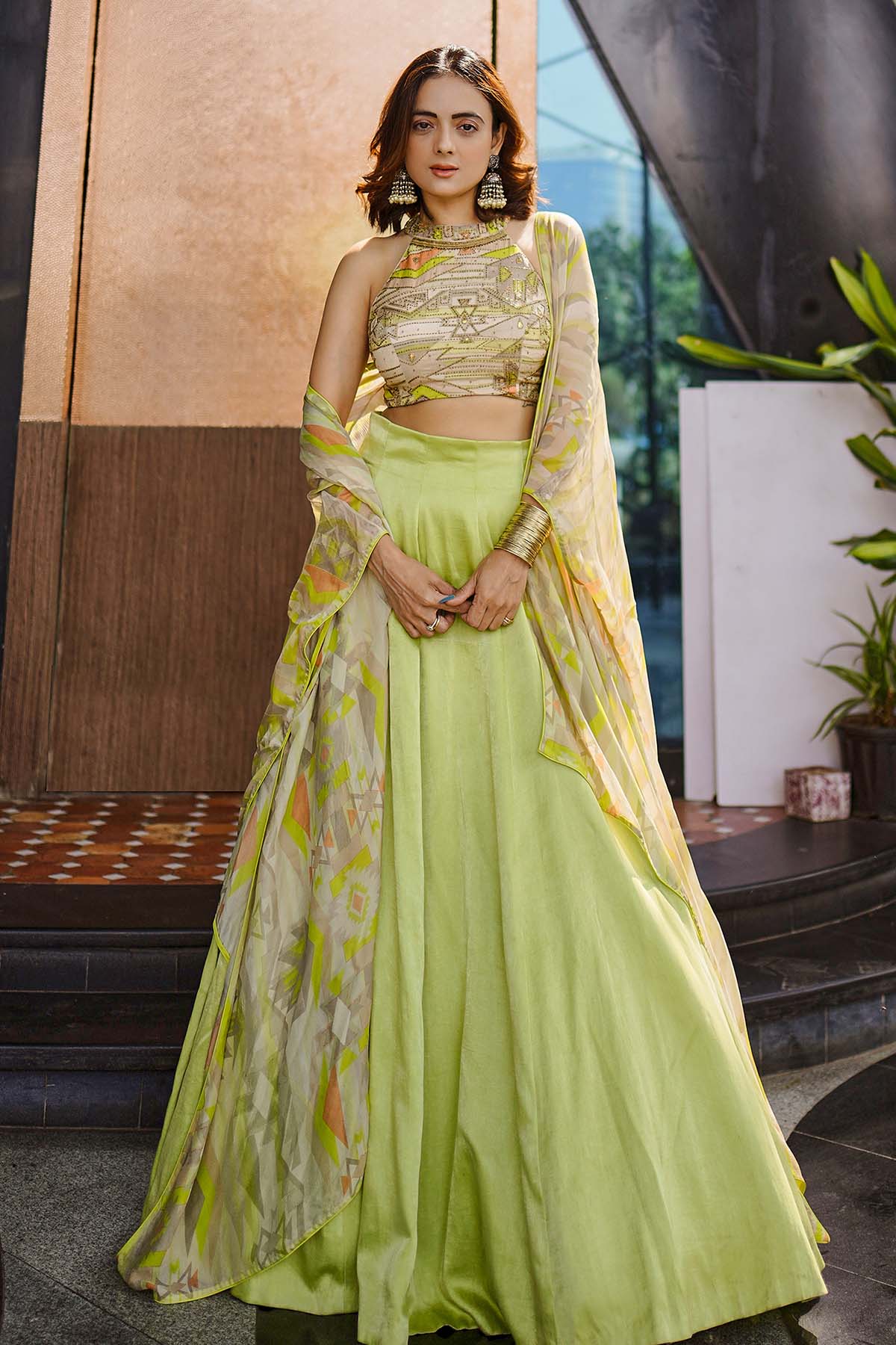 Buy Embroidered Lime Lehenga Set by Koswi for women online at ScrollnShops