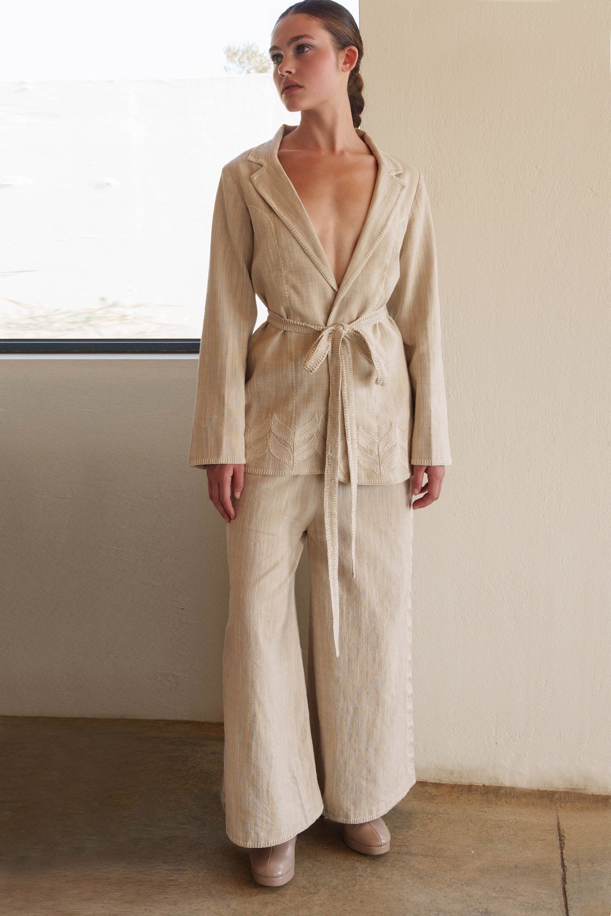 Buy Beige Linen Jacket Co-ord Set by Shruti Sancheti for women online at ScrollnShops