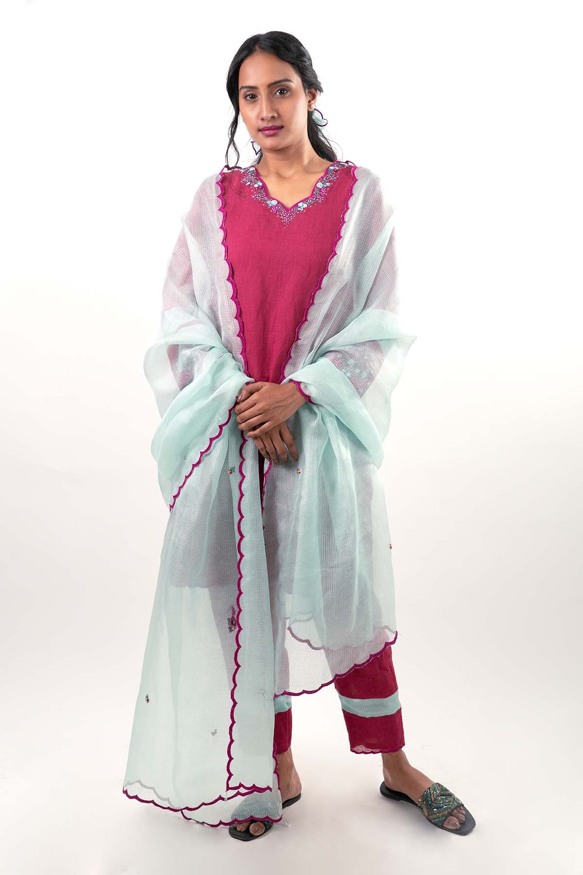 Embroidered Magenta Kurta Set