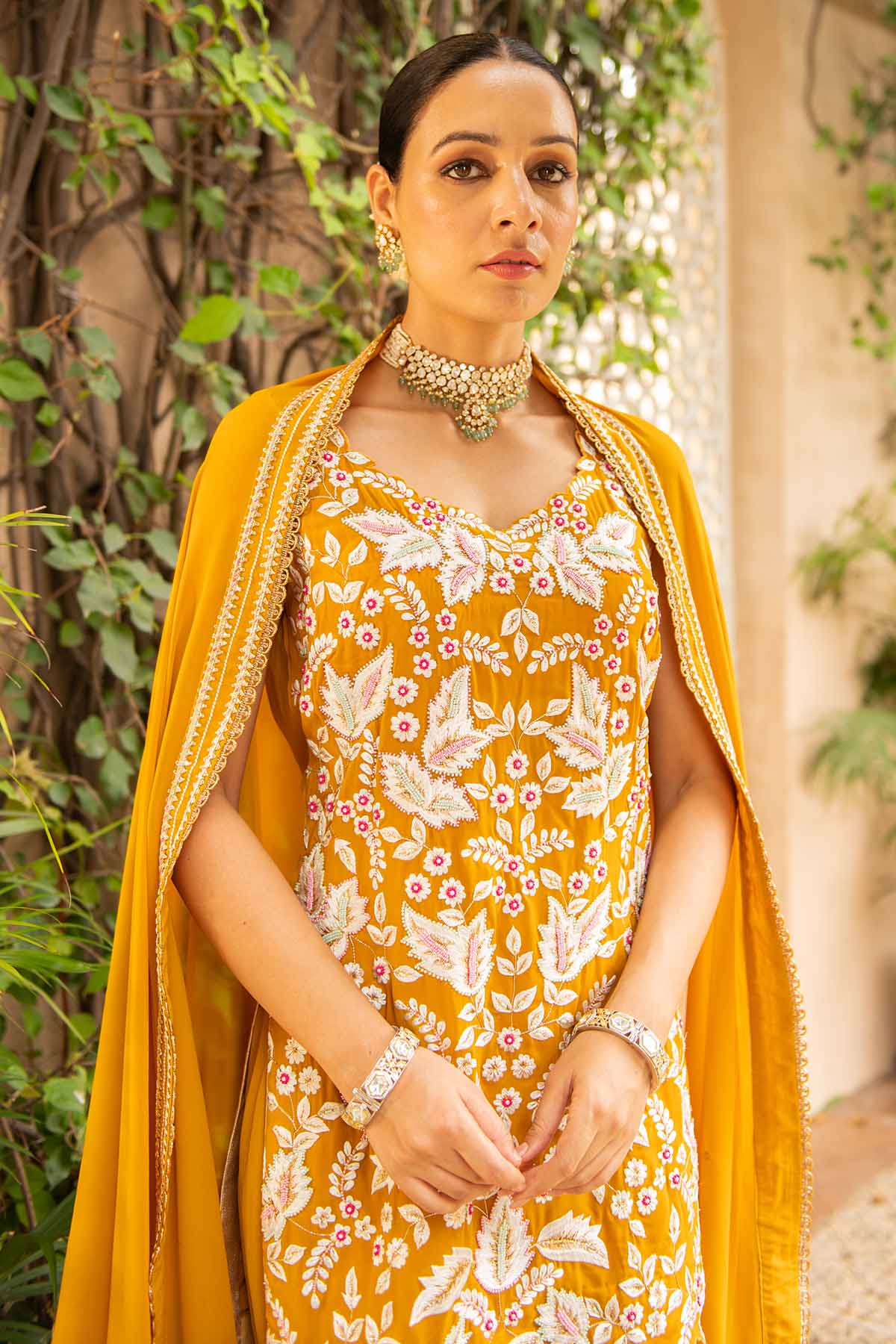 Embroidered Mustard Kurta Set