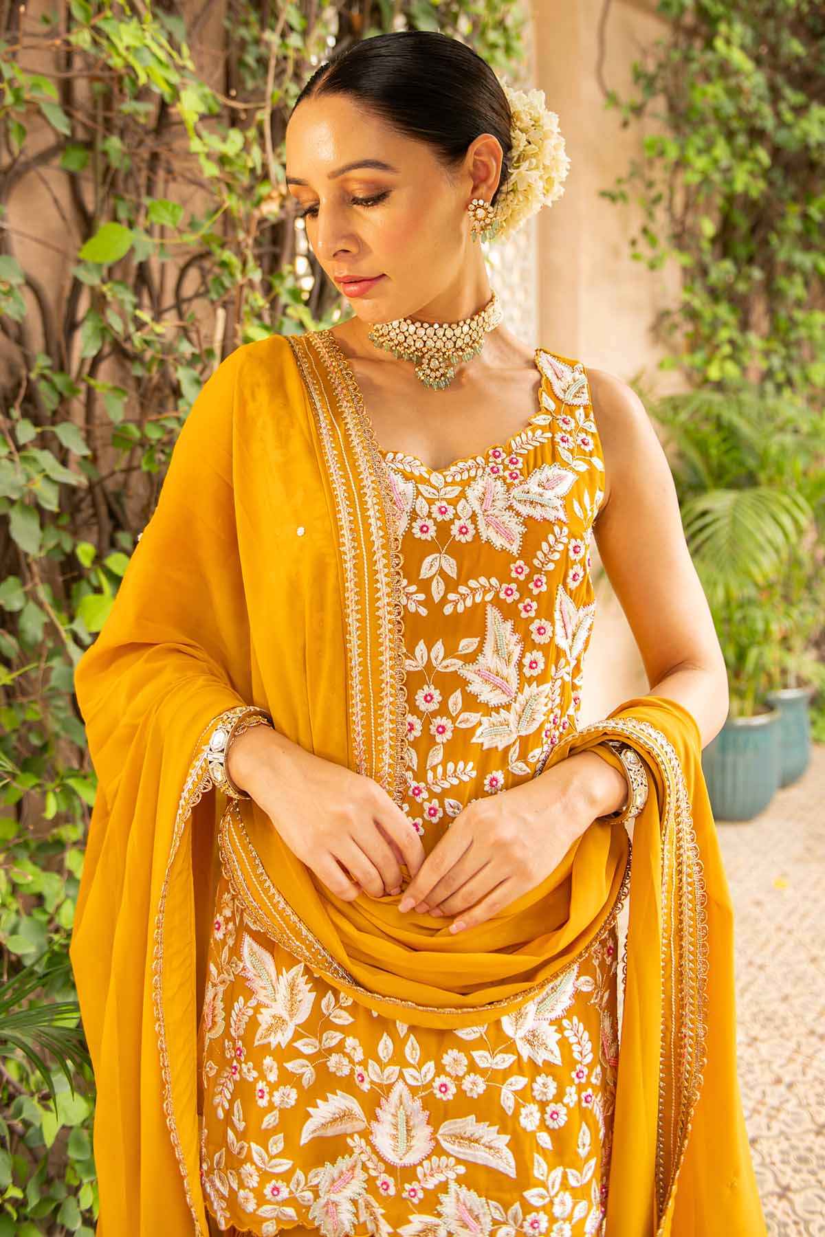 Embroidered Mustard Kurta Set