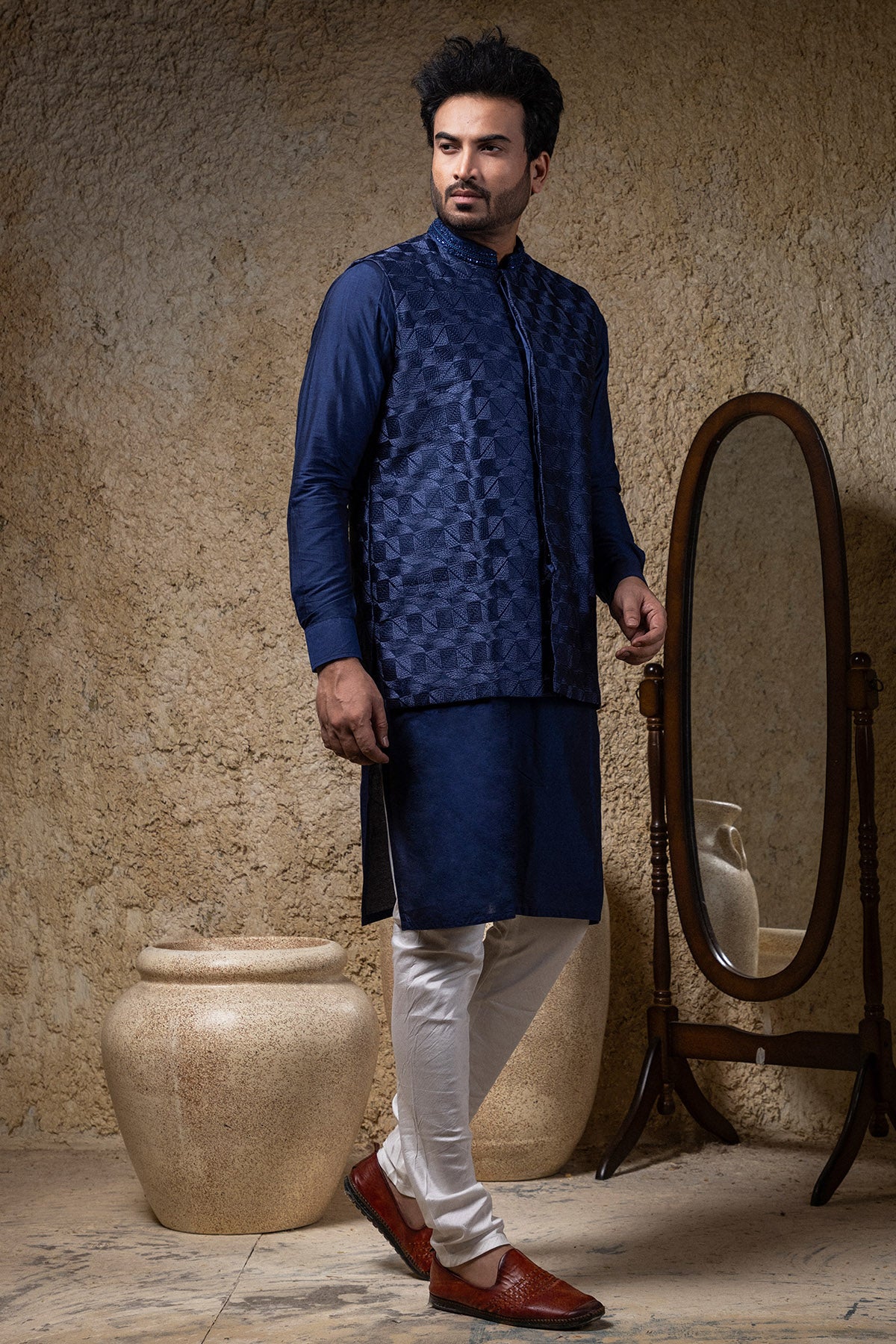 Embroidered Navy Blue Bundi Set