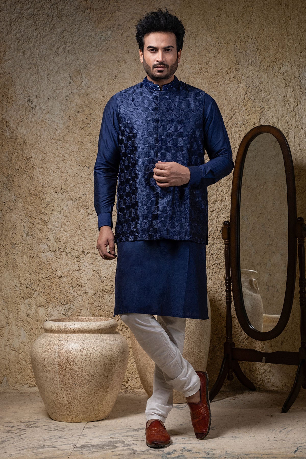 Buy Embroidered Navy Blue Bundi Set by Priyanka Haralalka for men online at ScrollnShops