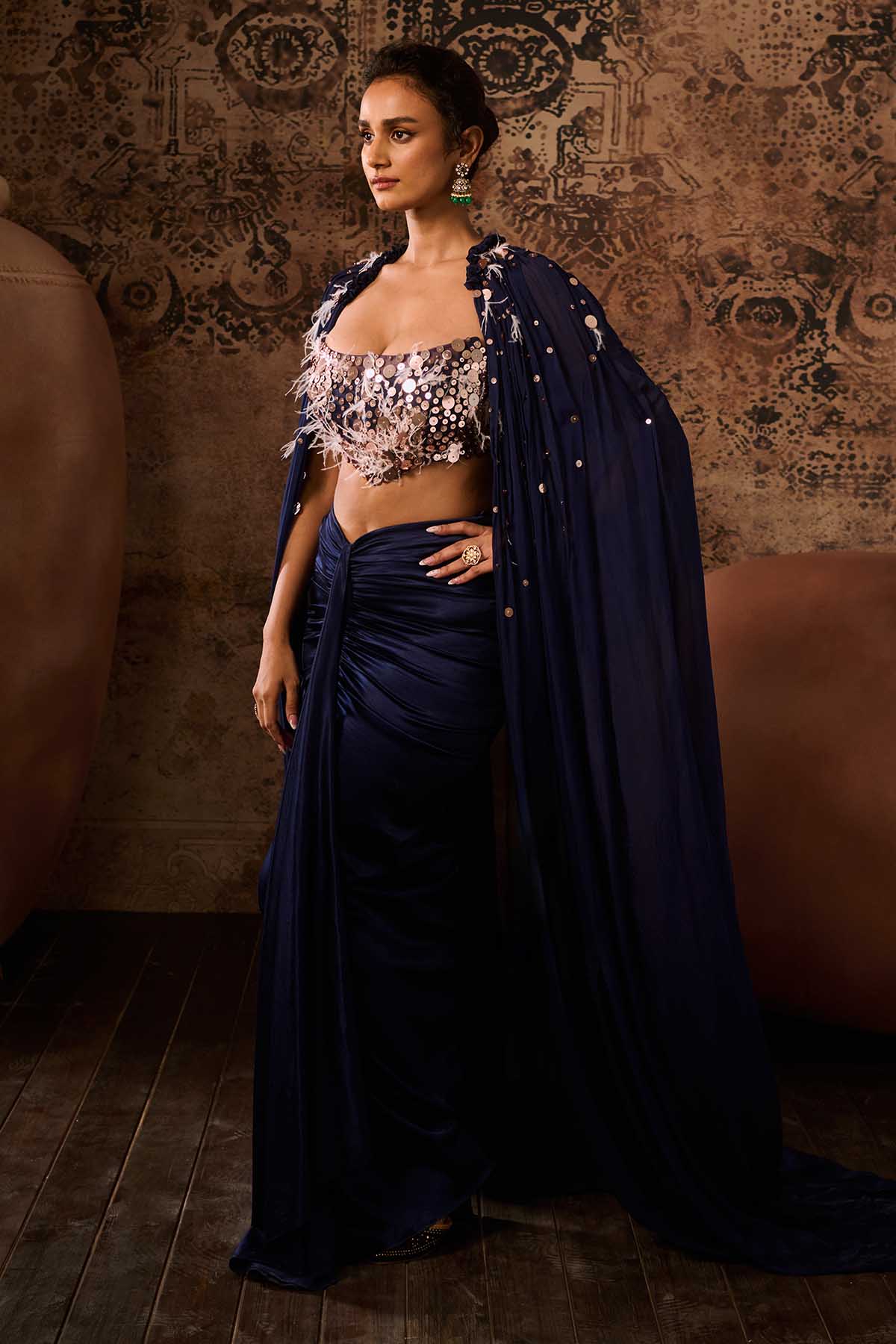Embroidered Navy Blue Cape Set