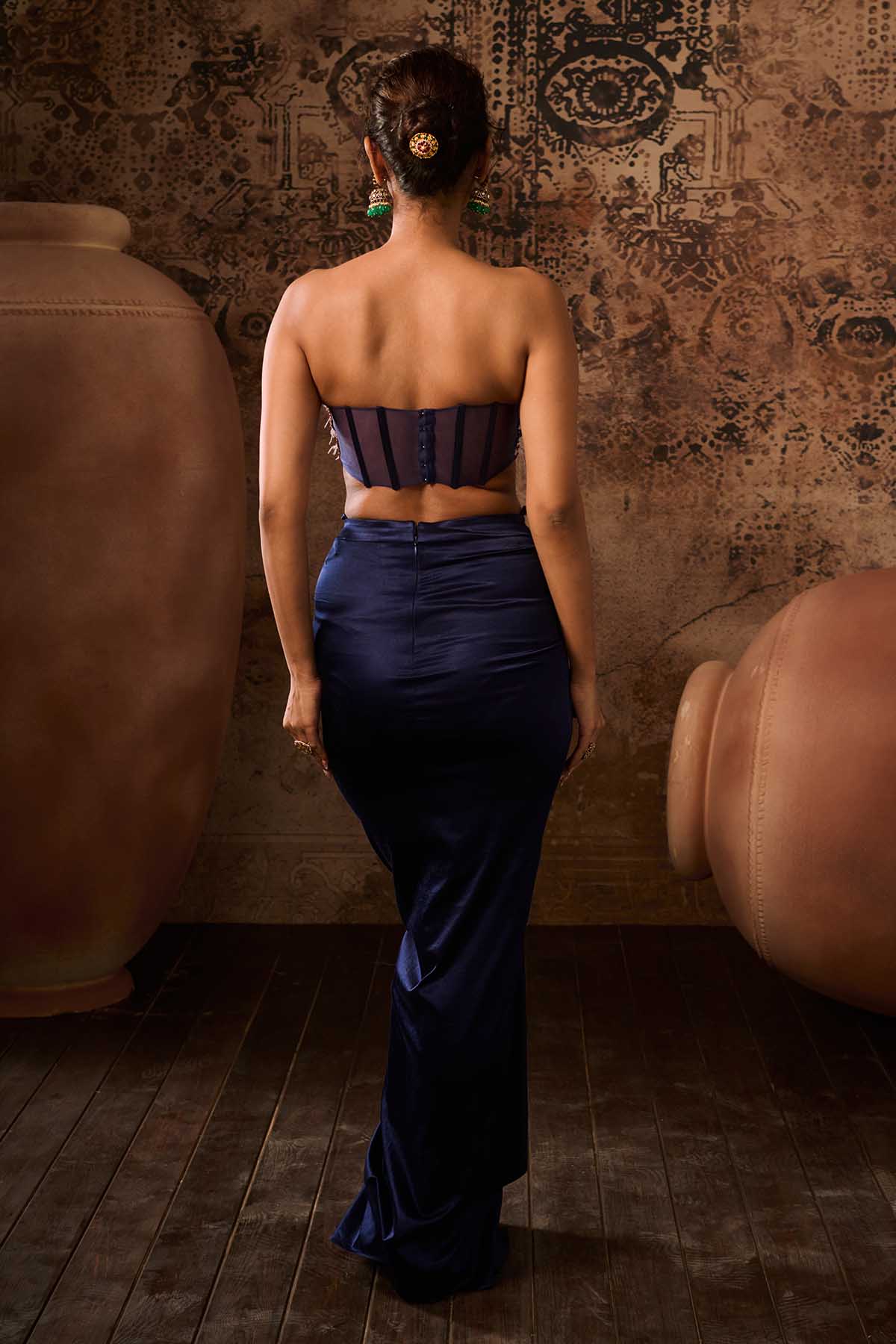 Embroidered Navy Blue Cape Set