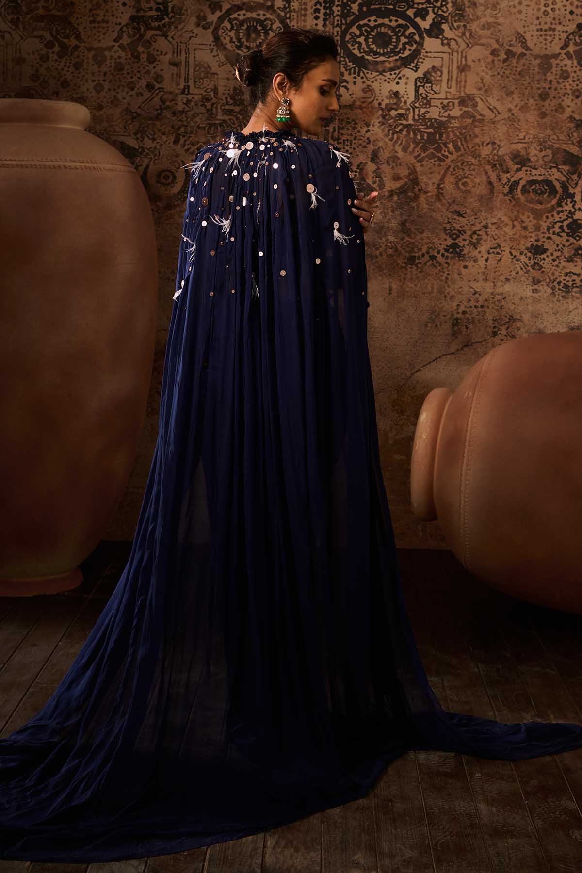 Embroidered Navy Blue Cape Set