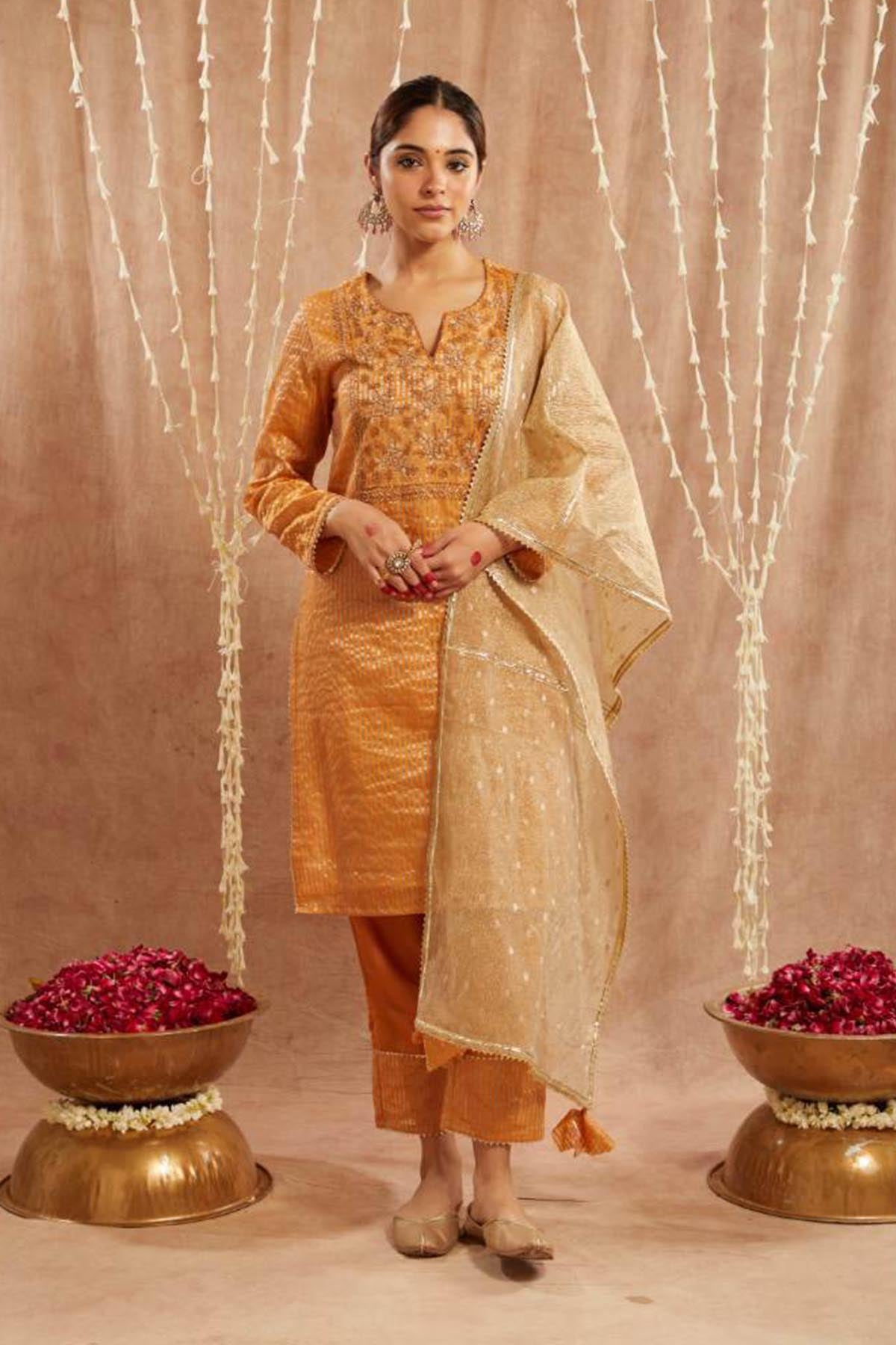 Buy Embroidered Orange Kurta & Pants by Nero for women online at ScrollnShops