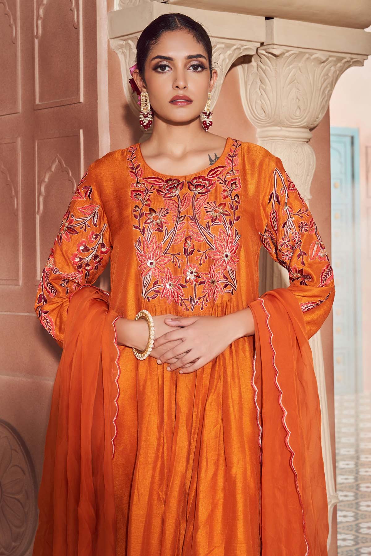 Embroidered Orange Kurta Set