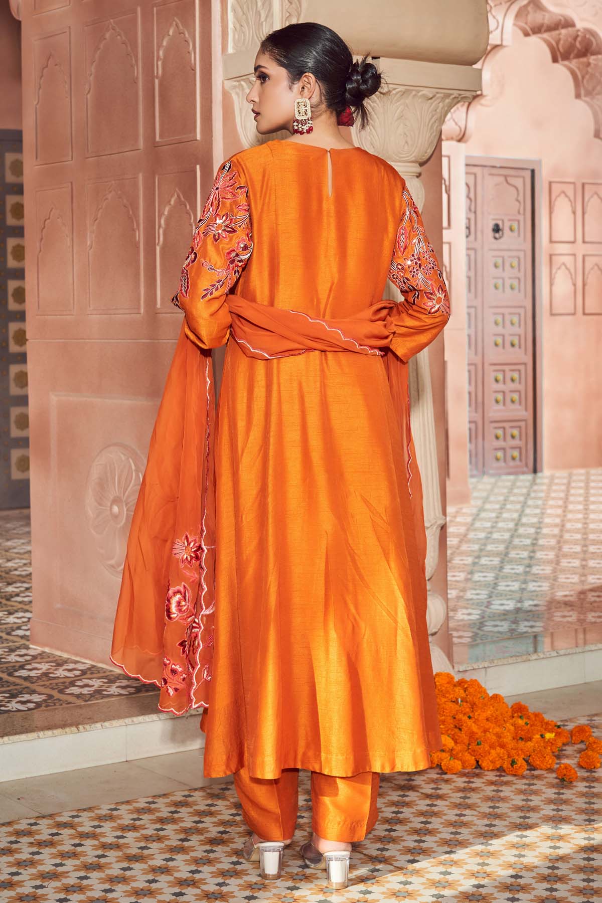 Embroidered Orange Kurta Set