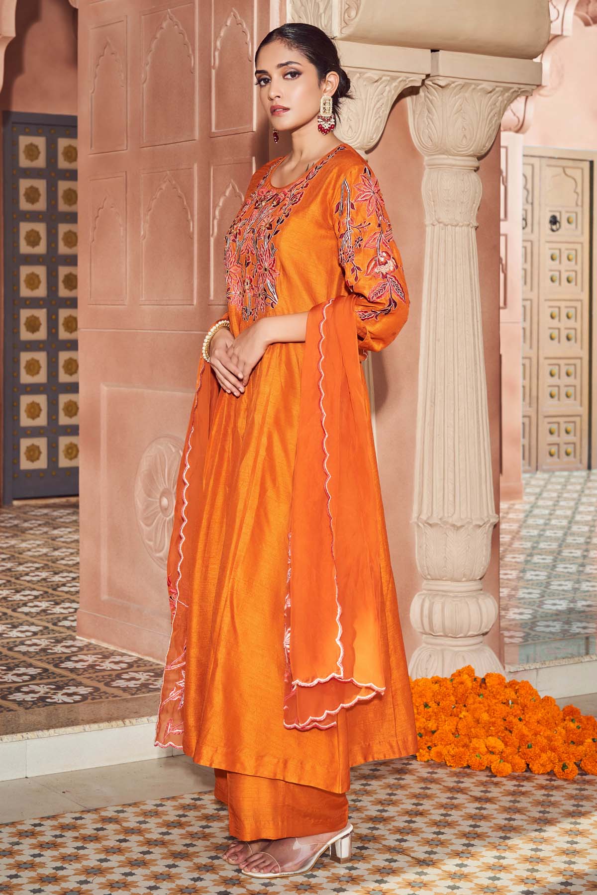 Embroidered Orange Kurta Set