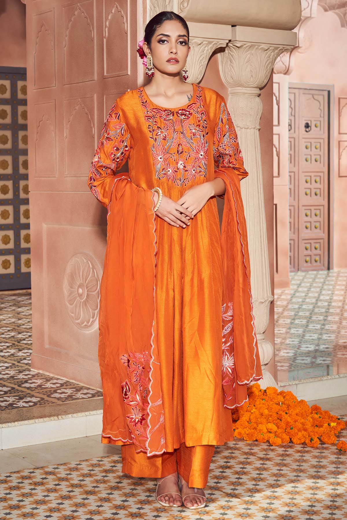 Megha Pitti Embroidered Orange Kurta Set for women online at ScrollnShops