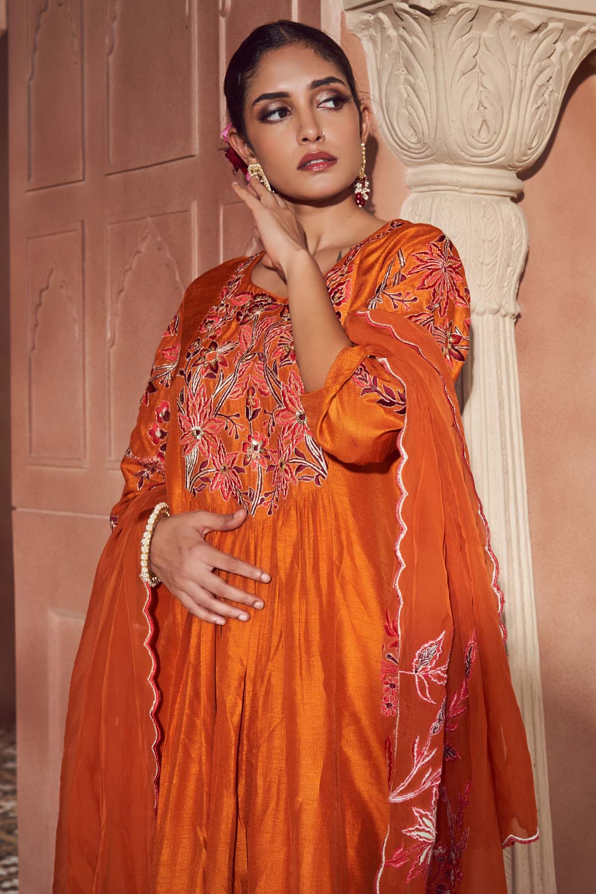 Embroidered Orange Kurta Set