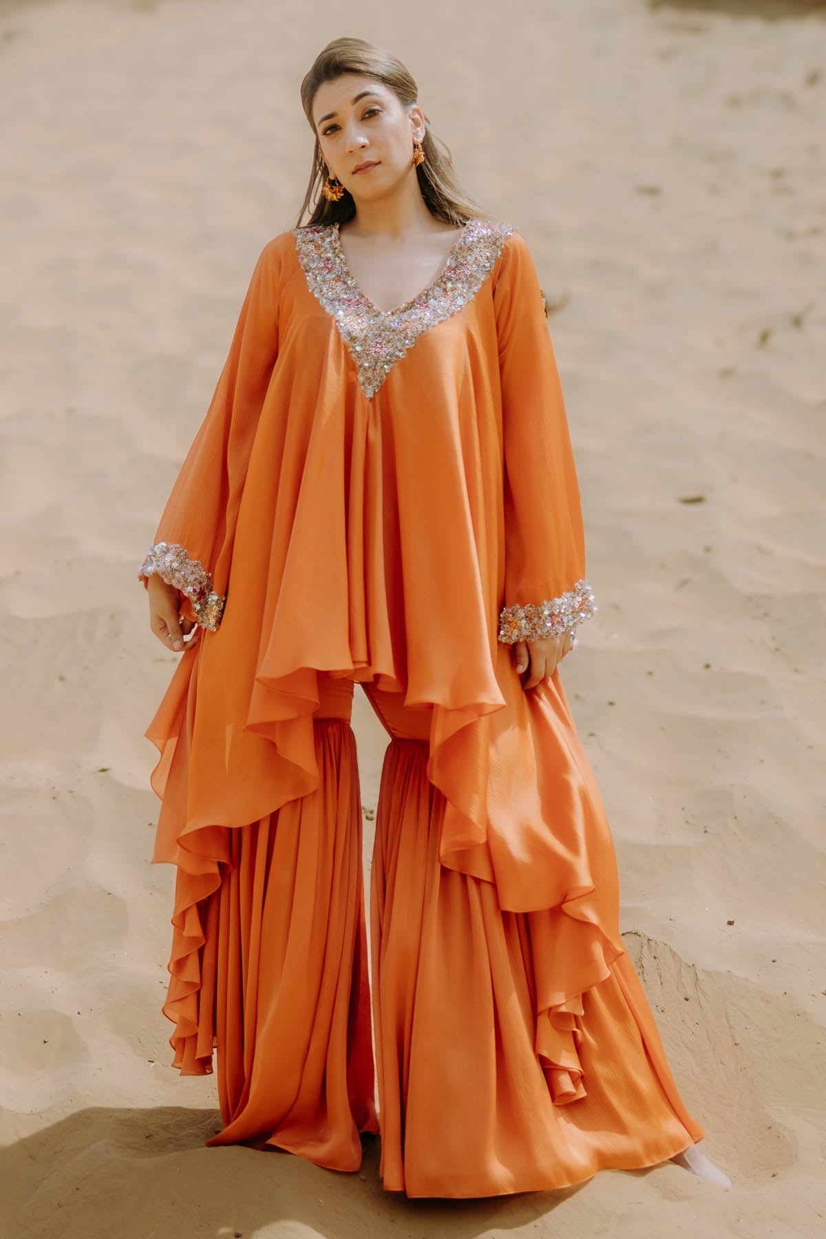 Buy Designer Embroidered Orange Sharara Set Online