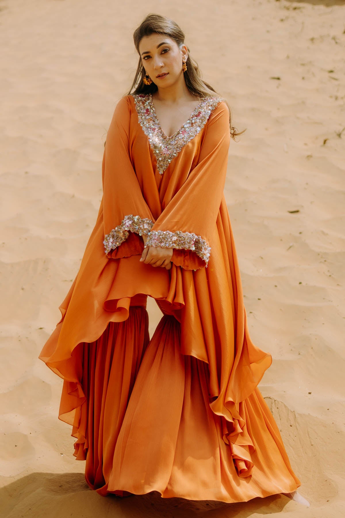 Embroidered Orange Sharara Set