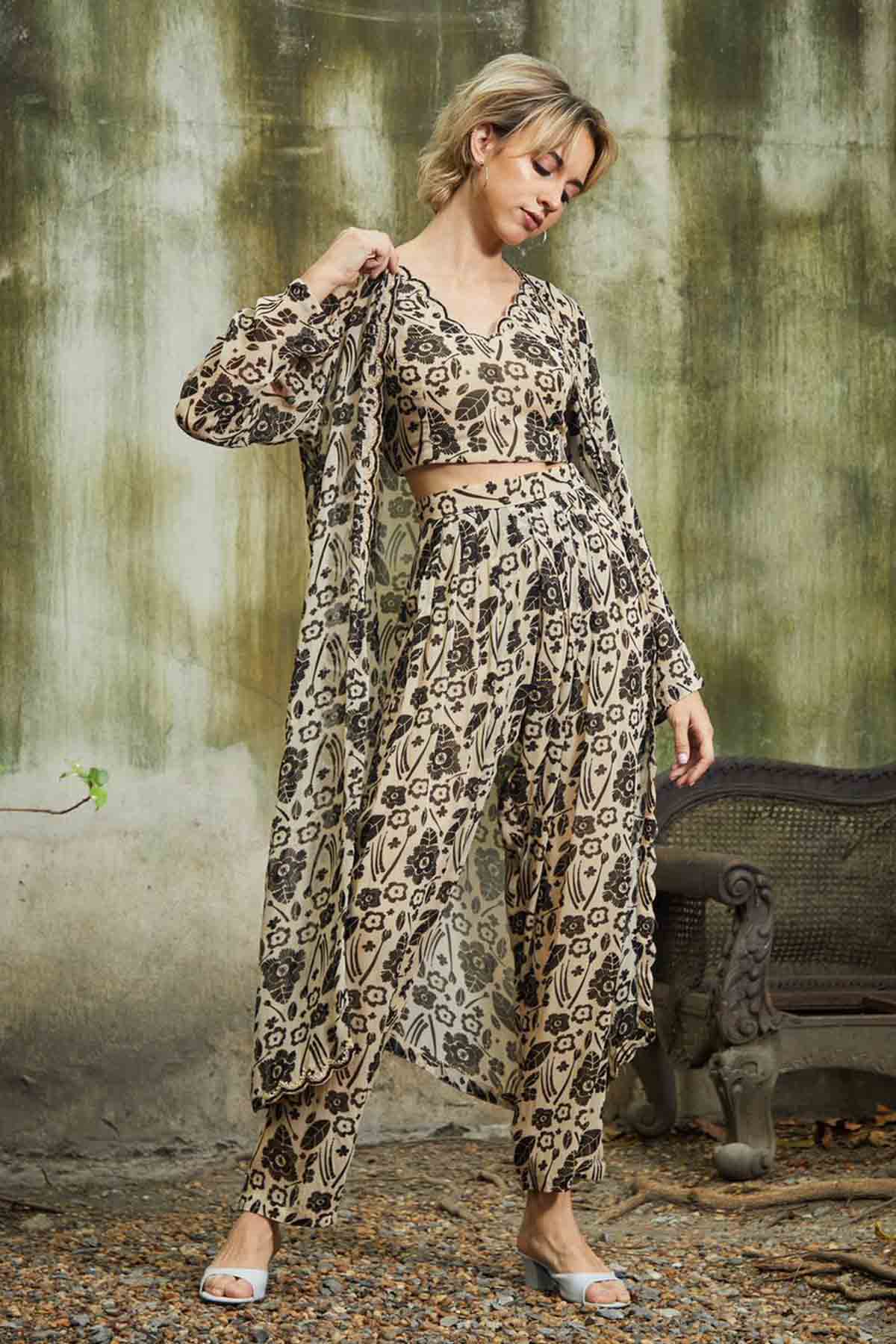 Beige & Black Embroidered Dhoti Set