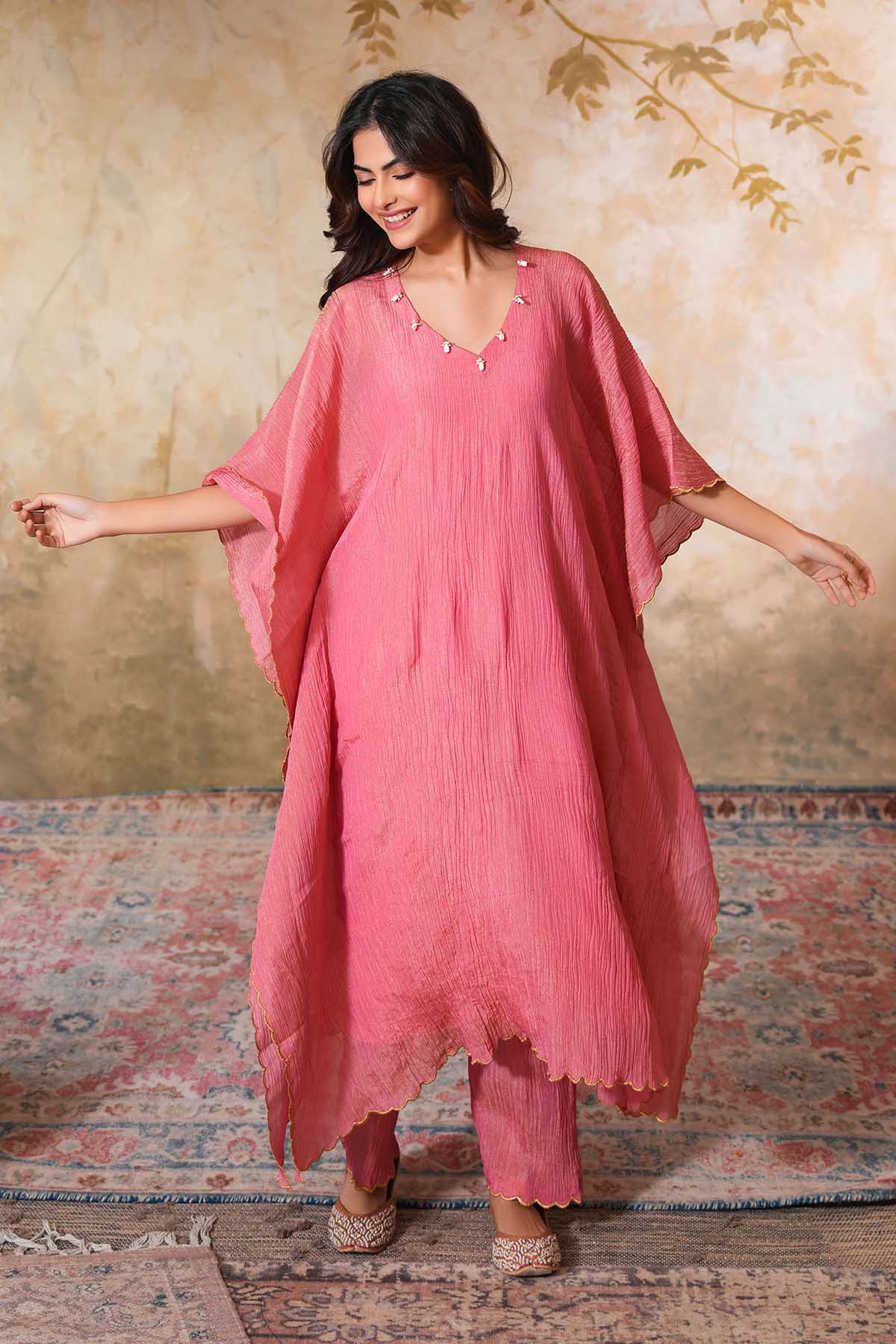 Embroidered Pink Kaftan & Pants