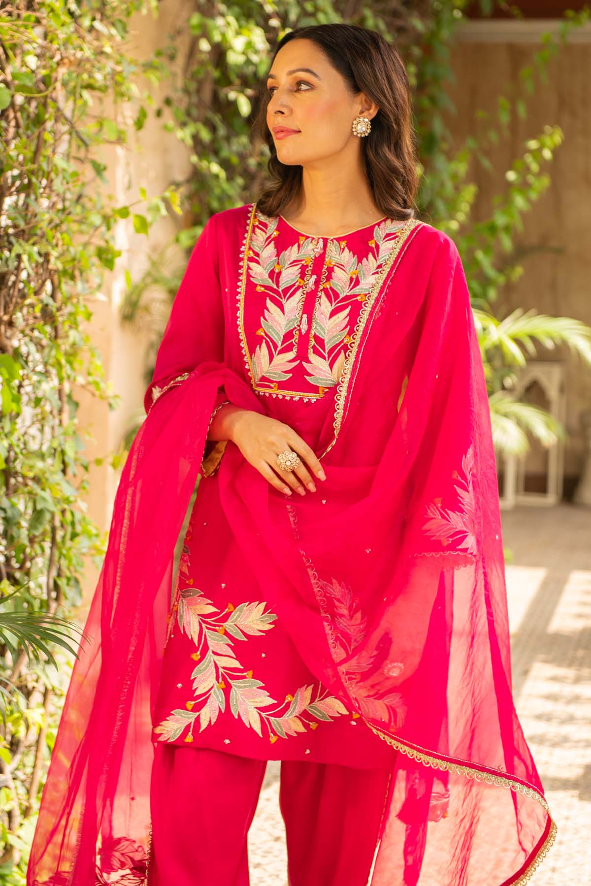 Embroidered Rani Pink Kurta Set