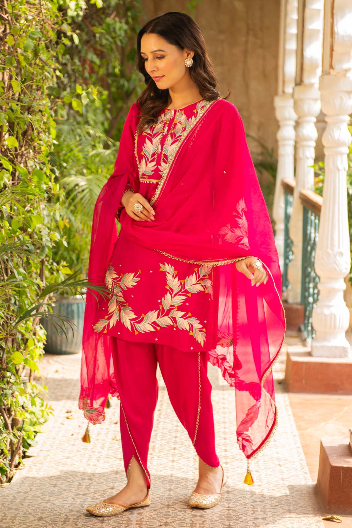 Embroidered Rani Pink Kurta Set