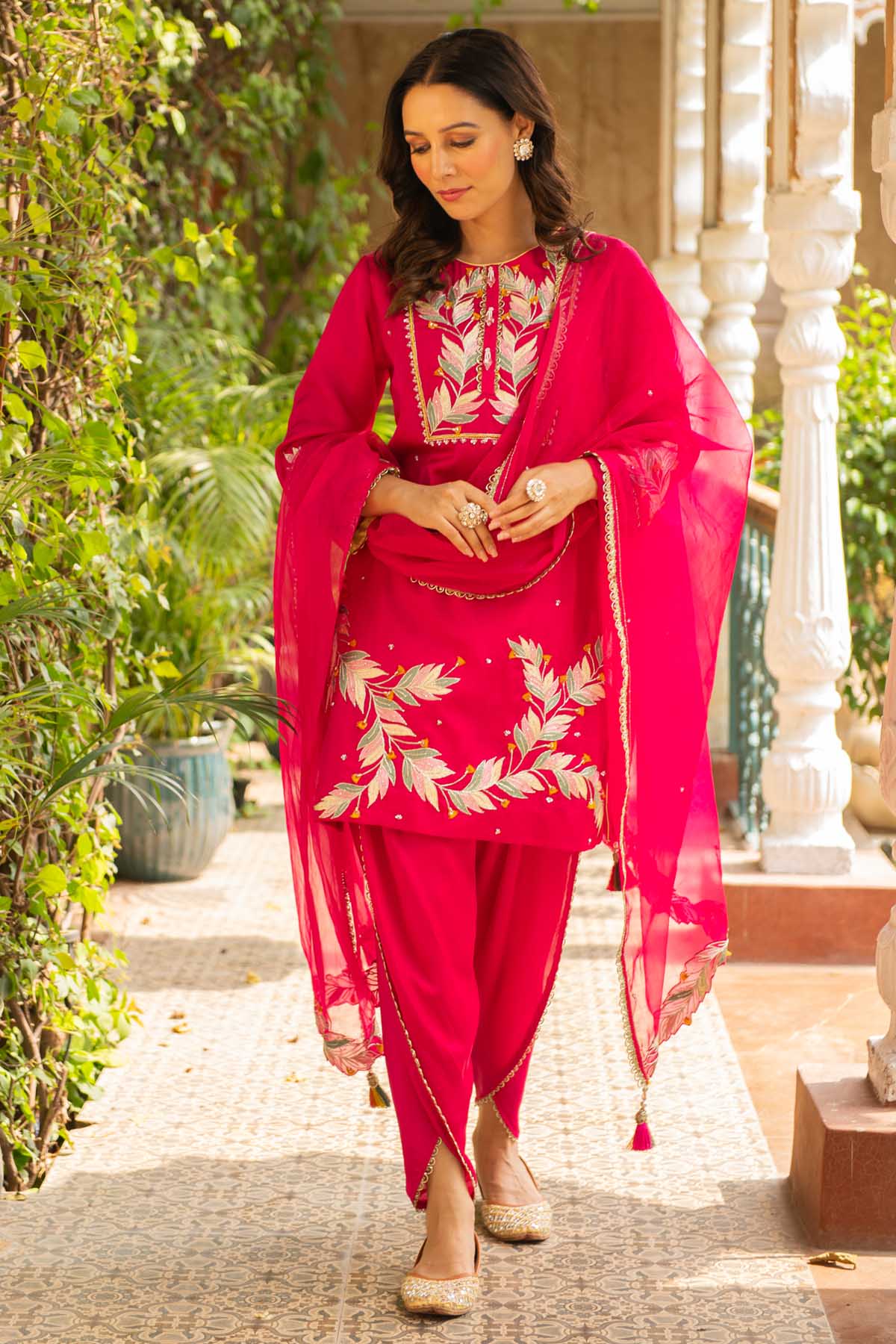 Embroidered Rani Pink Kurta Set