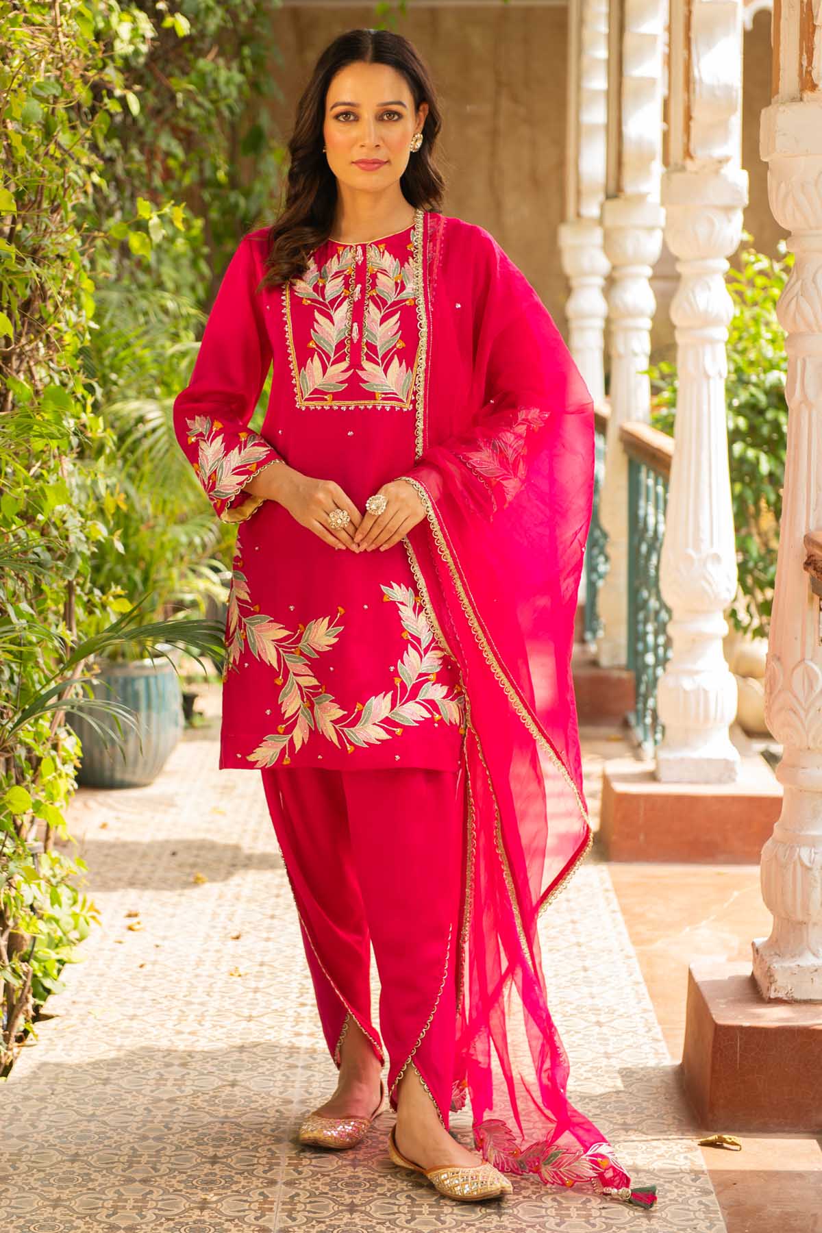 Ajiesh Oberoi Embroidered Rani Pink Kurta Set for women online at ScrollnShops