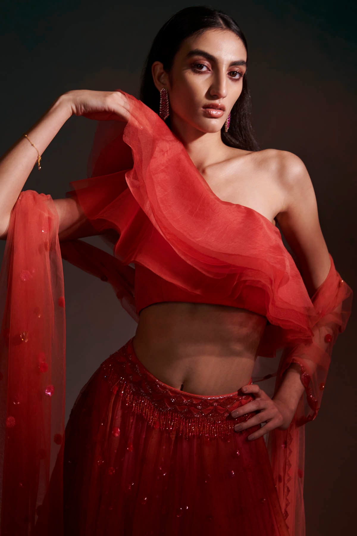 Red Silk Organza & Net Lehenga Set