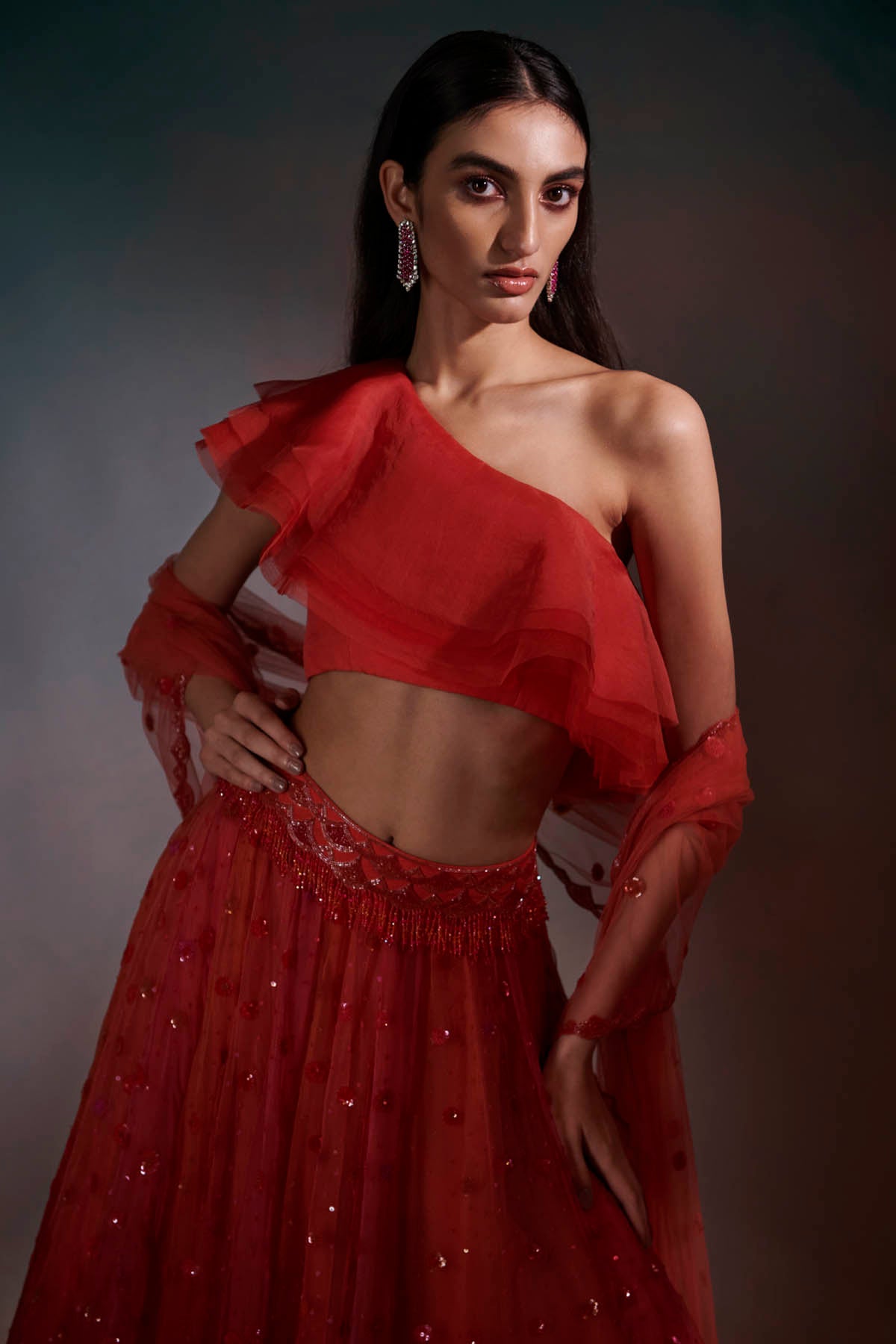 Red Silk Organza & Net Lehenga Set