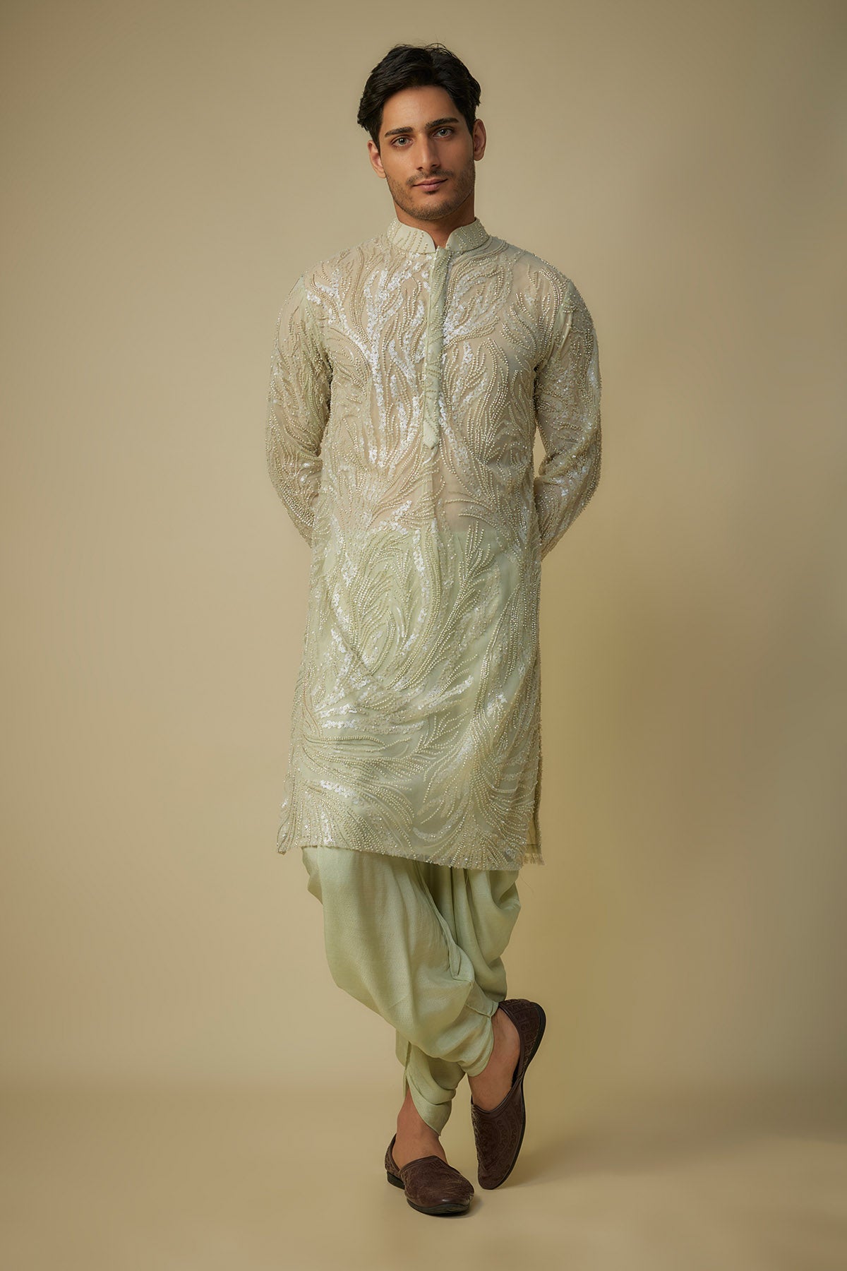 Buy Embroidered Sage Green Kurta Set by Masumi Mewawalla for men online at ScrollnShops