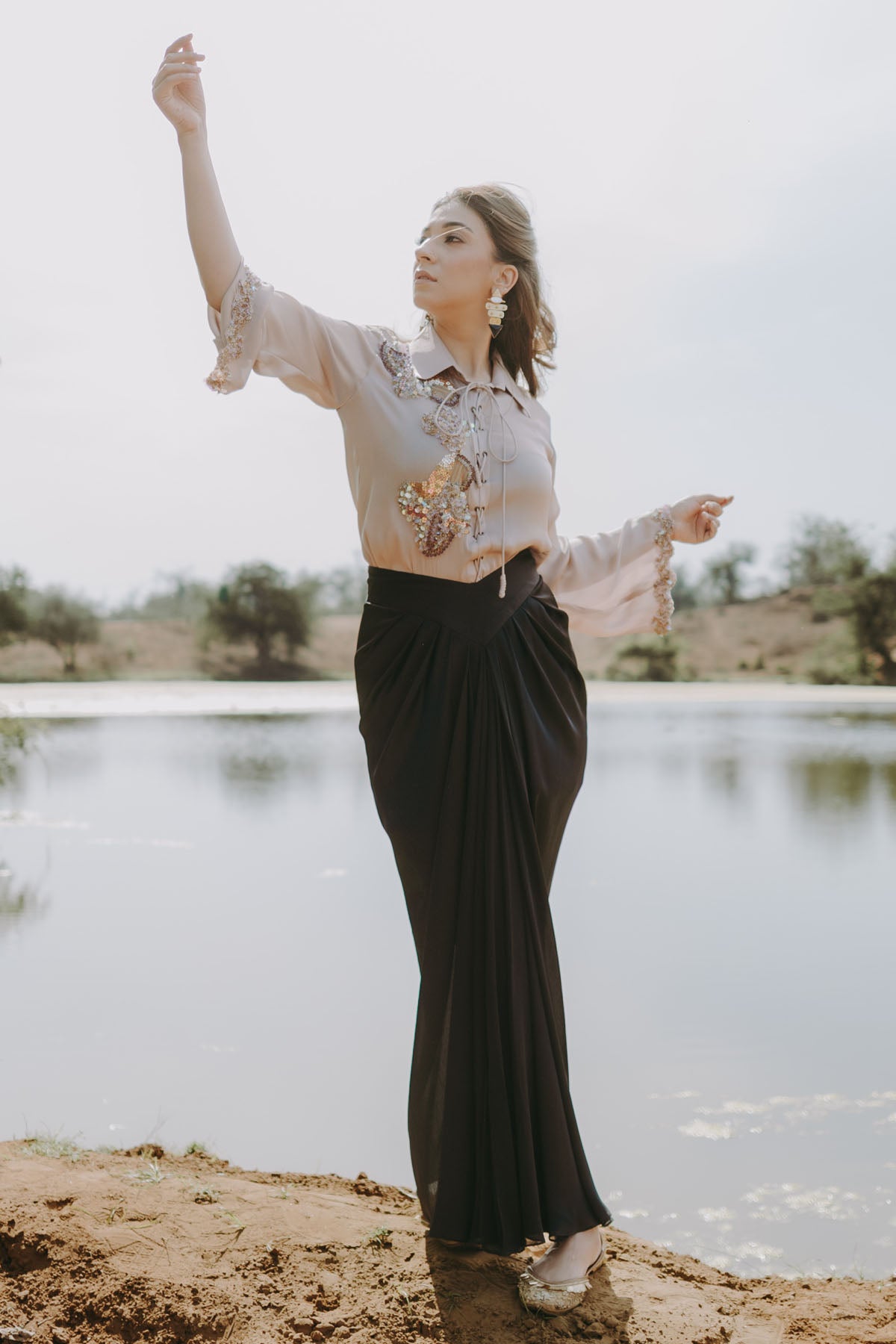 Embroidered Shirt & Drape Skirt