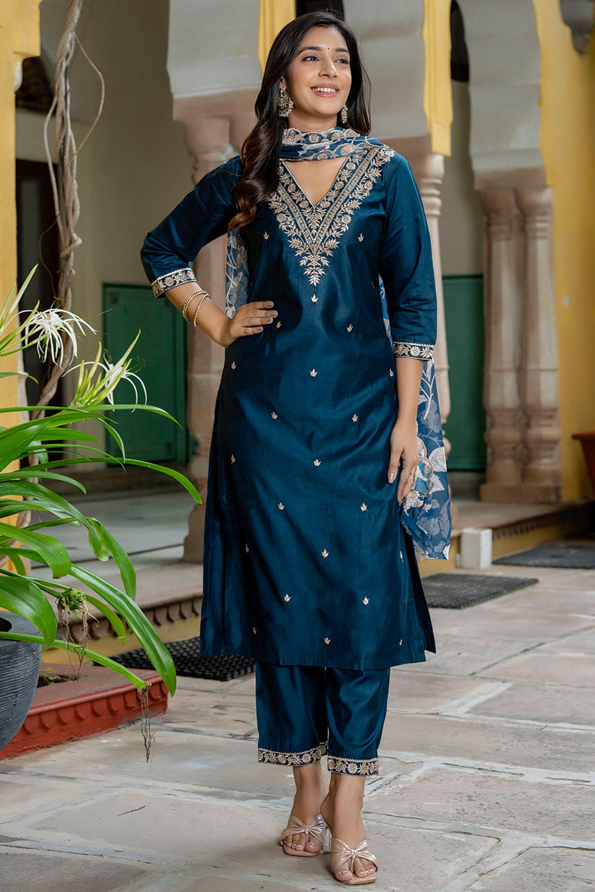 Embroidered Silk Teal Kurta Set