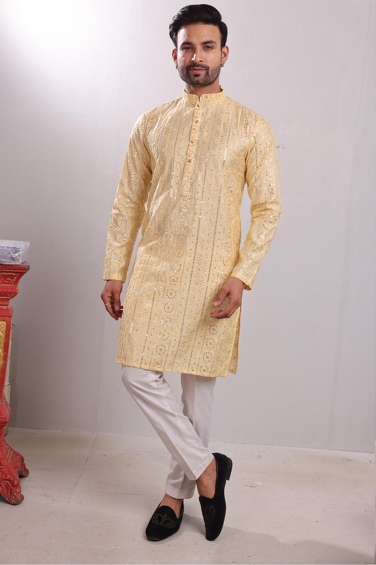 Buy Embroidered Silk Yellow Kurta by SNEHA B - Men for men online at ScrollnShops