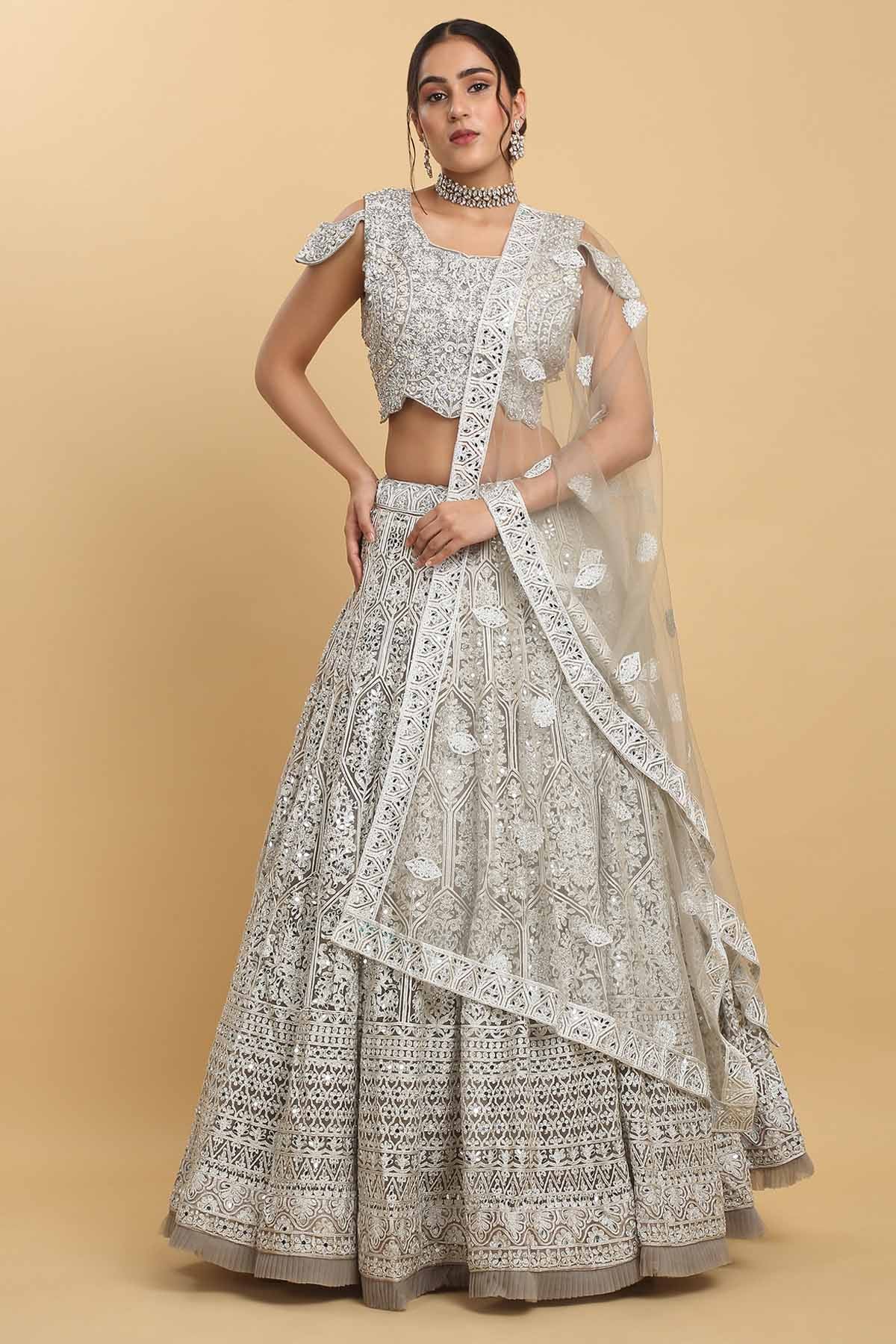 Aham Vayam Embroidered Silver Lehenga Set for women online at ScrollnShops