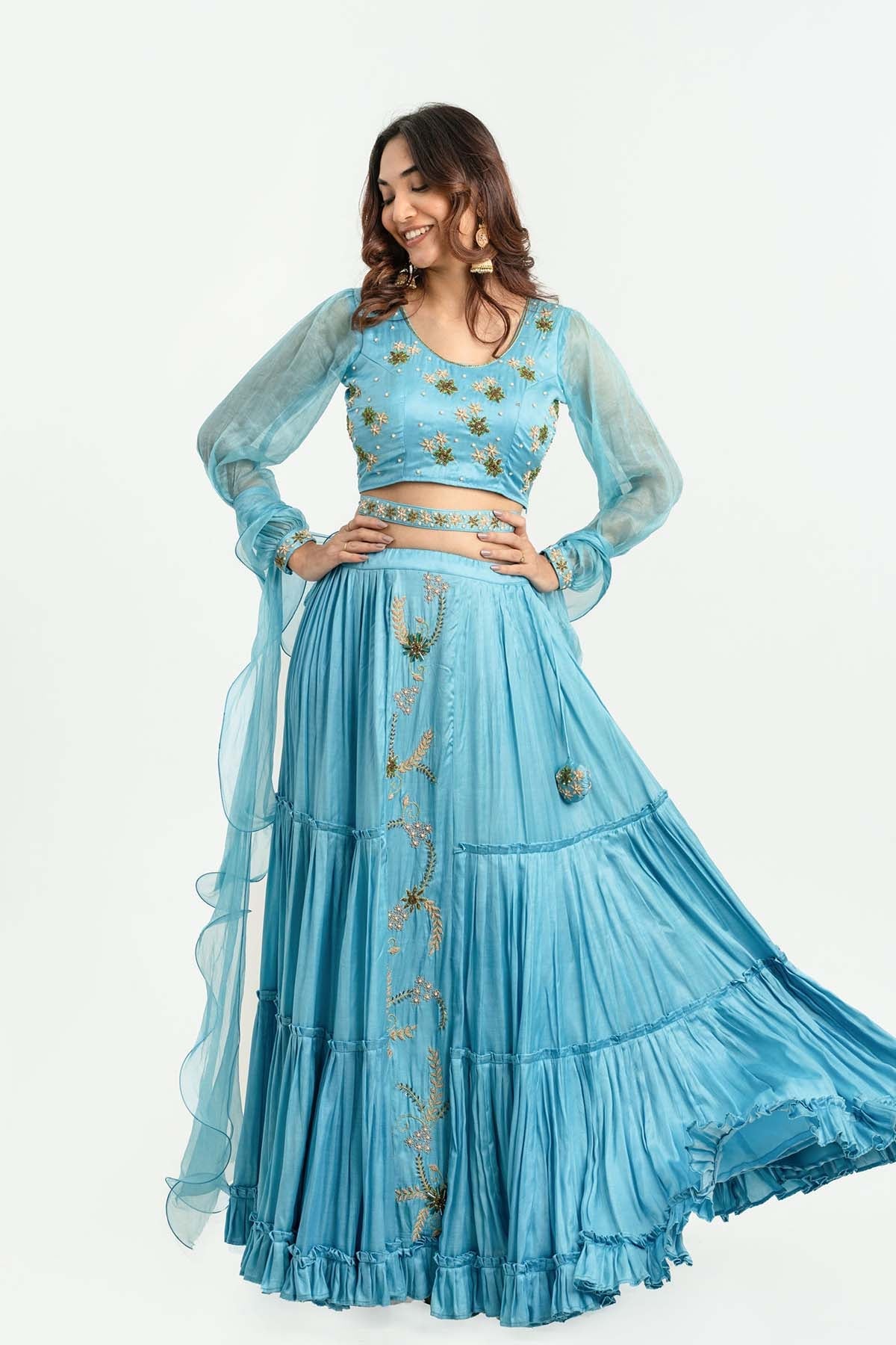 Buy Embroidered Sky Blue Lehenga Set Online