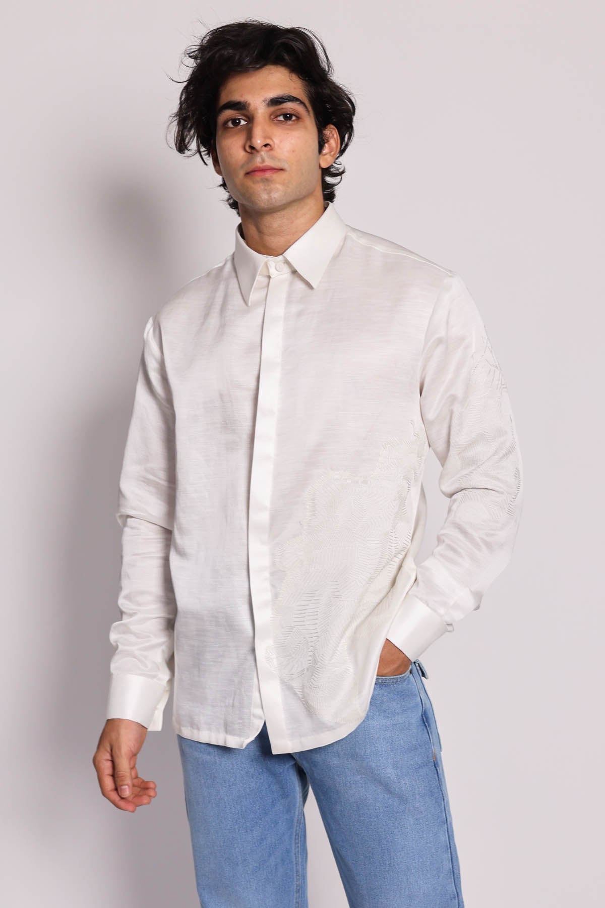 Arya Giri Embroidered White Relaxed Shirt for men online at ScrollnShops