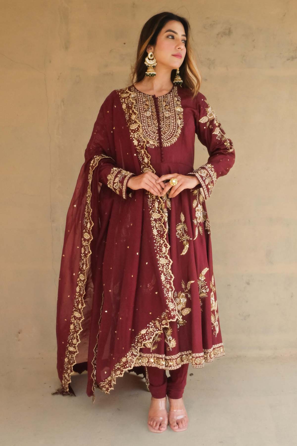 Label Pavneet Embroidered Wine Anarkali Set for women online at ScrollnShops