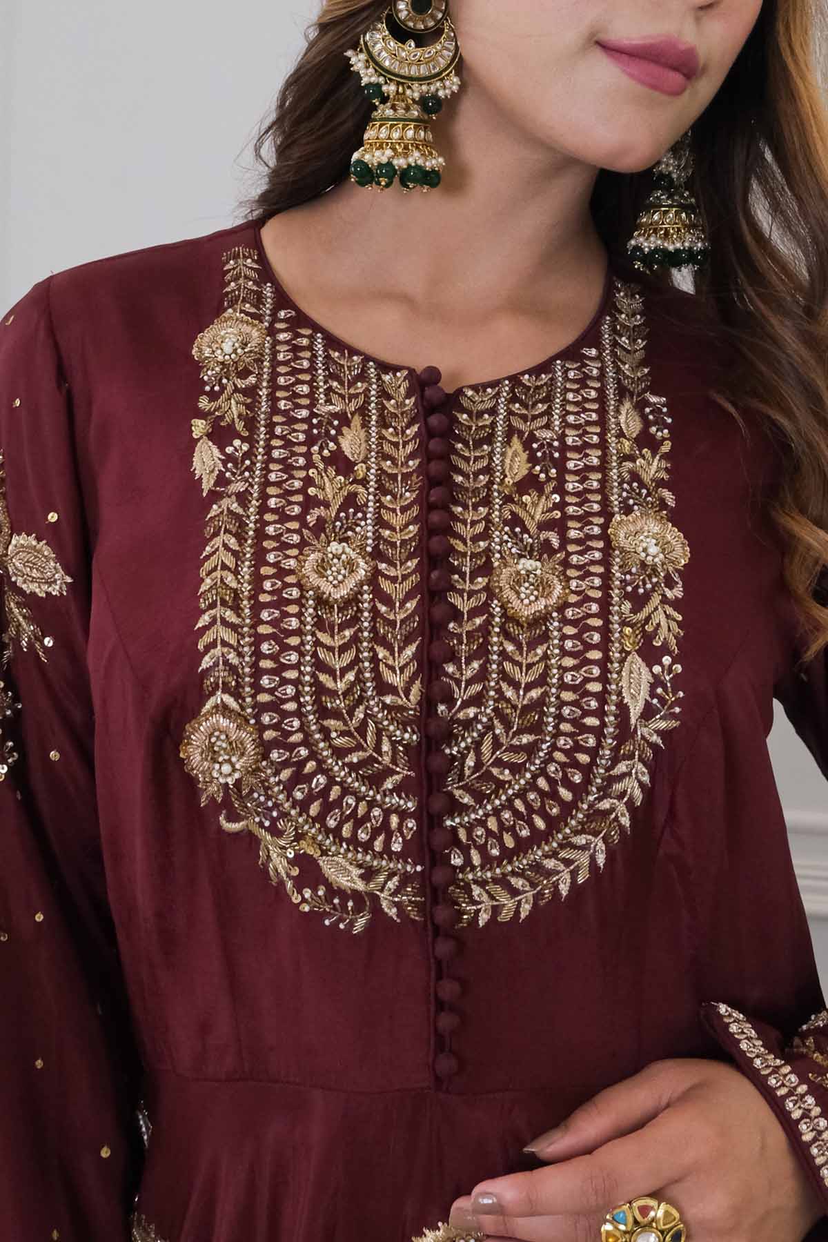 Embroidered Wine Anarkali Set
